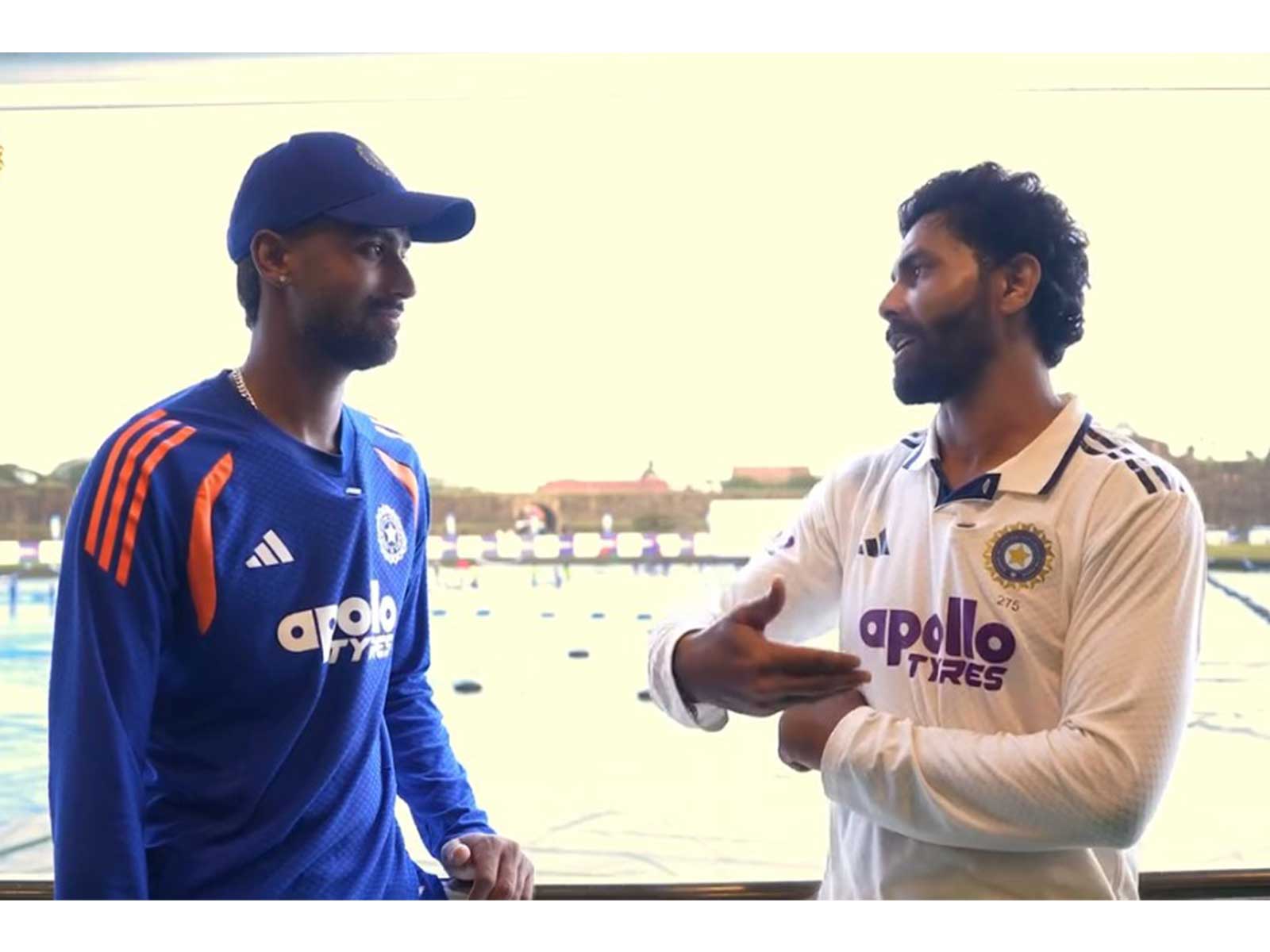 Manav Suthar and Ravindra Jadeja. (Photo: @BCCI X)