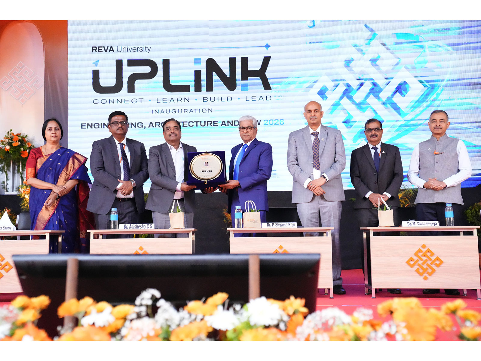 From L-R: Dr. Beena G.; Dr. K.S. Narayanaswamy; Dr. Adishesha C.S.; Dr. P. Shyama Raju, Chancellor; Dr. M. Dhanamjaya; Dr. R.C. Biradar; Dr. Pramod Kulkarni at UPLINK 2026-27