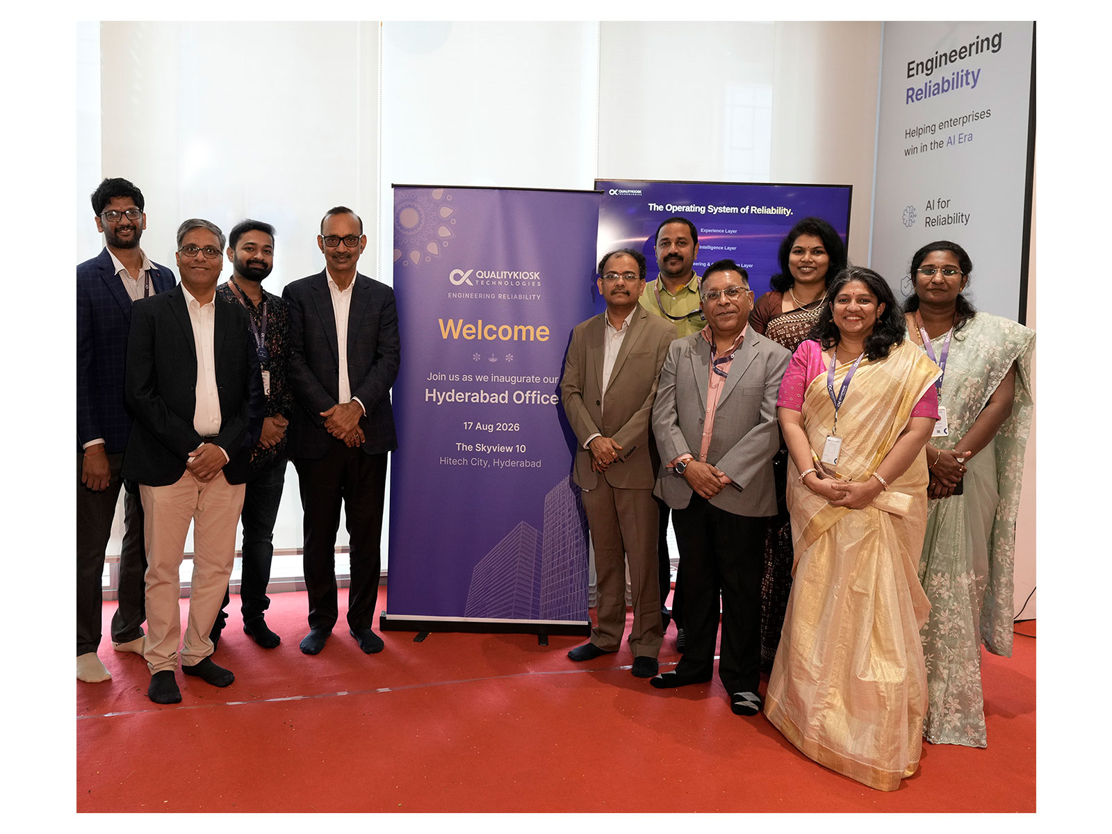 Maneesh Jhawar, Founder and CEO, and Sairam Vedam, CMO and Hyderabad Centre Head, with the Hyderabad team at the inauguration of QualityKiosk's new Hyderabad engineering hub.