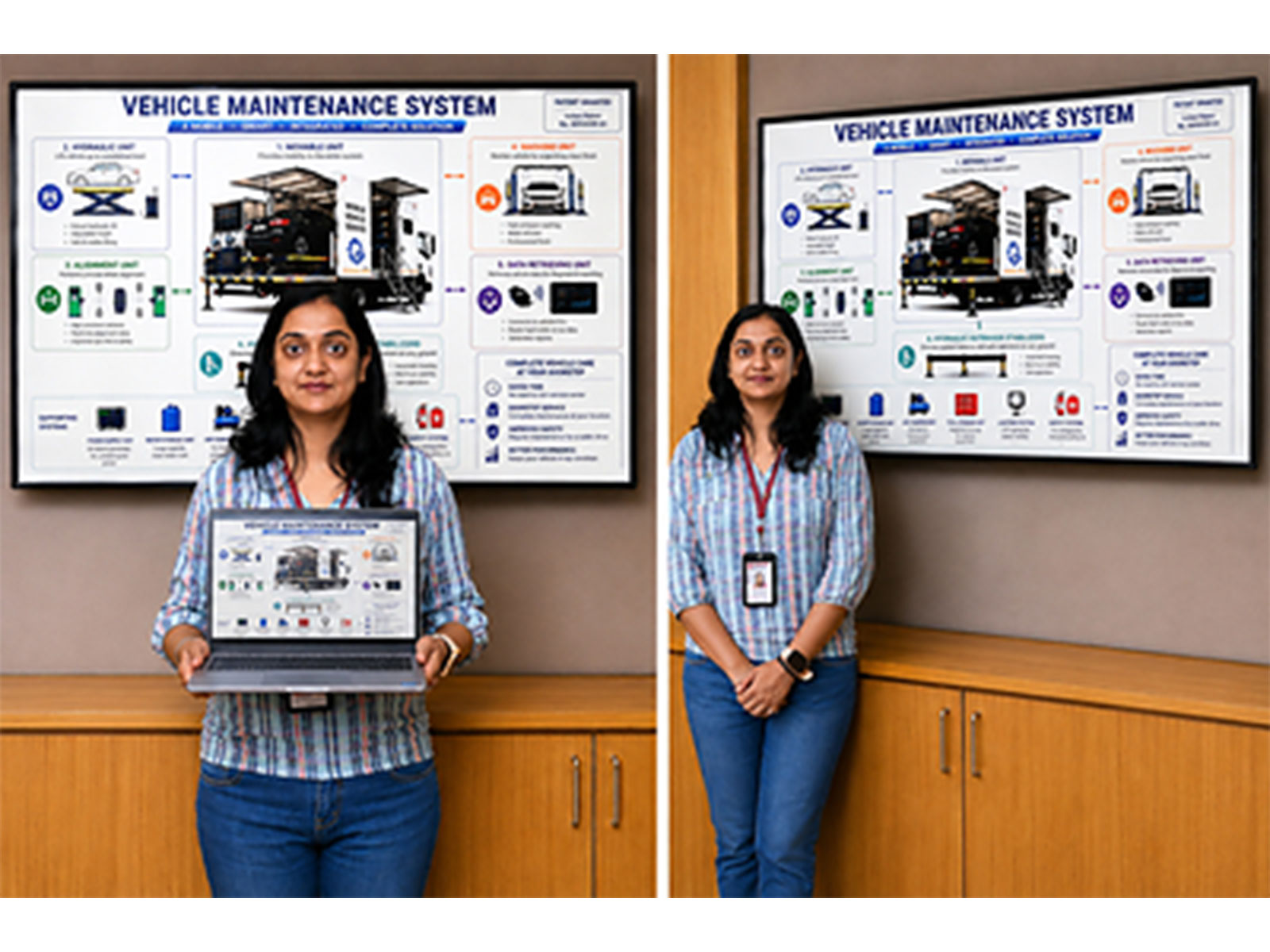 Prof. (Dr.) Payal Patial, Chandigarh University researcher showcasing innovative mobile vehicle maintenance solution with two research scholars Suraj Rana & Supreet Bhatnagar
