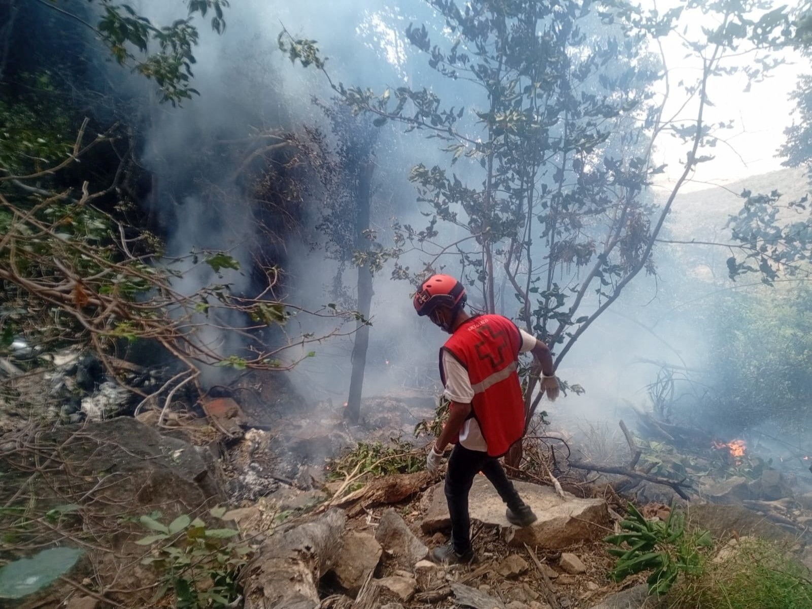 A rescue official works at the site of a tourist helicopter crash that caused multiple casualties, according to the police, in Samburu County, Kenya (Photo/KenyaRedCross)