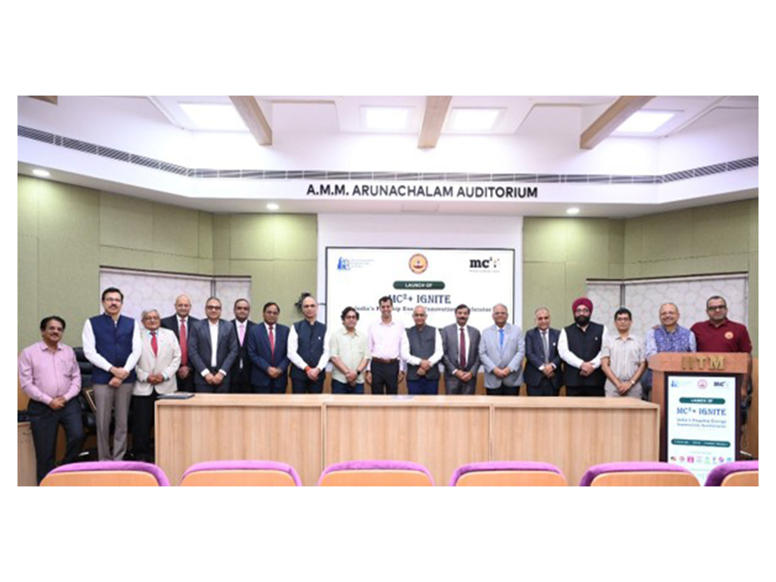      Dr. Neeraj Mittal, Secretary, MoPNG, with the CMDs of the Oil & Gas PSUs, Chairman, bp India, and partner institution heads at the launch of MC²+ Ignite
