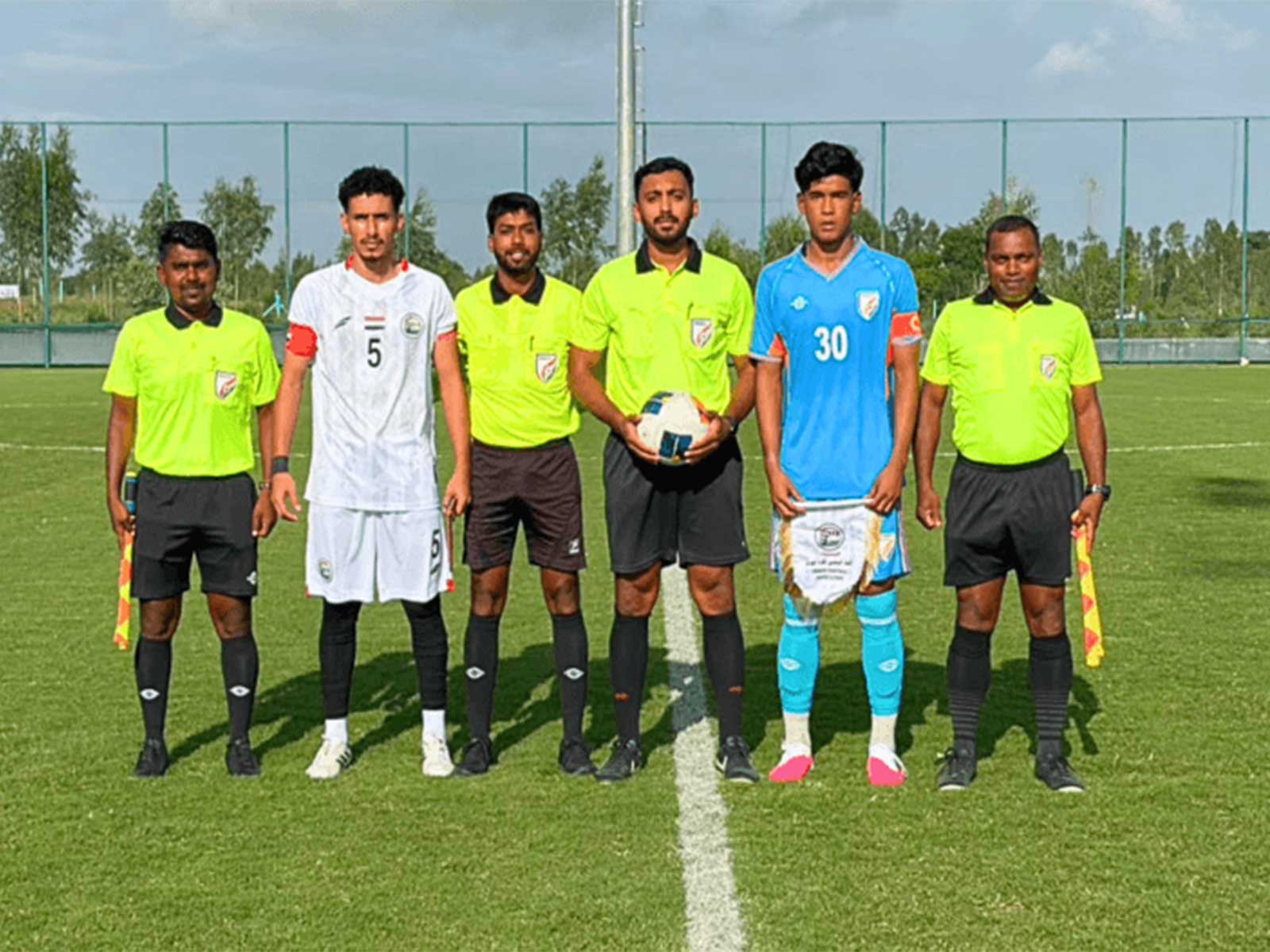 India and Yemen U20 skippers with match officials before a friendly match in Bengaluru. (Photo: AIFF Media)