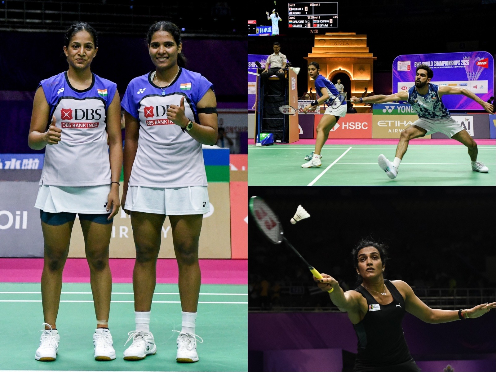 Indian shuttlers Treesa Jolly and Gayatri Gopichand, Dhruv Kapila, Tanisha Crasto, and PV Sindhu during their respective matches at the BWF World Championships 2026 (Photo: ANI)
