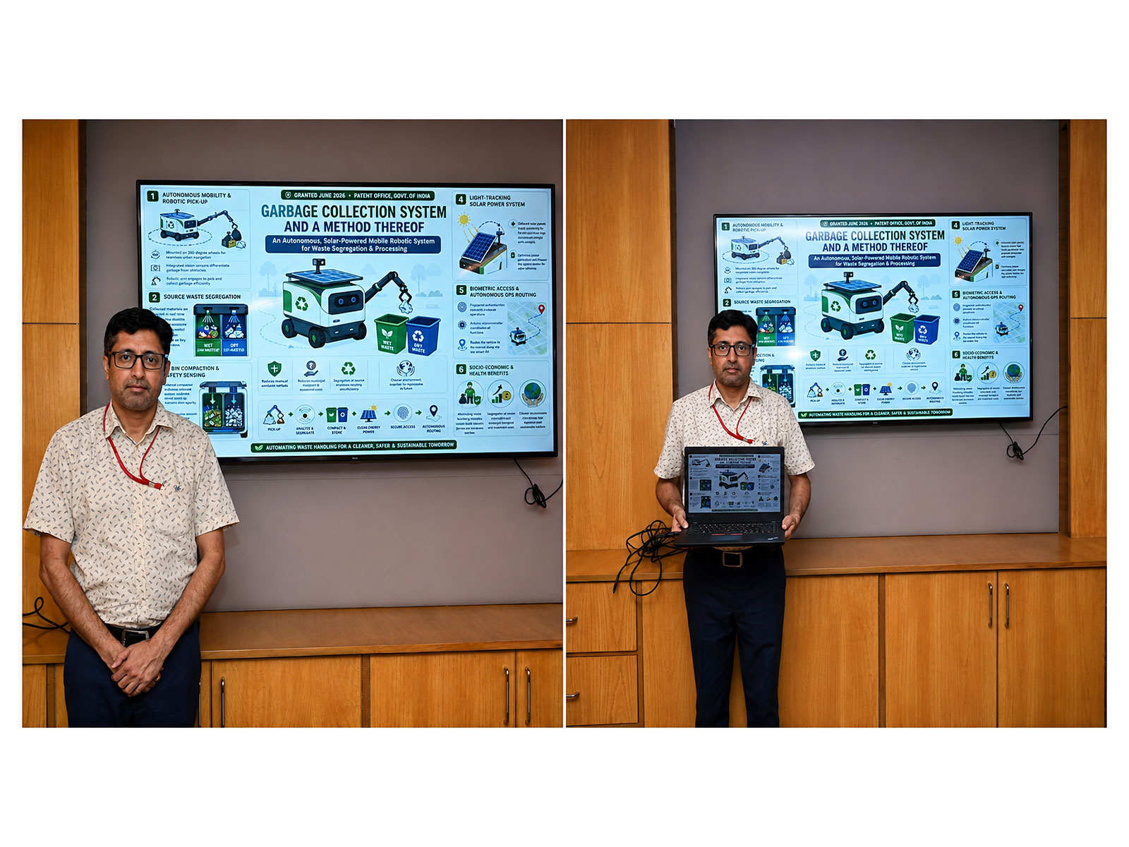Prof (Dr) Nitin Sharm & Dr. Paras Chawla, Electronics & Communications Engineering developed this mobile robotic garbage collection system at Chandigarh University campus