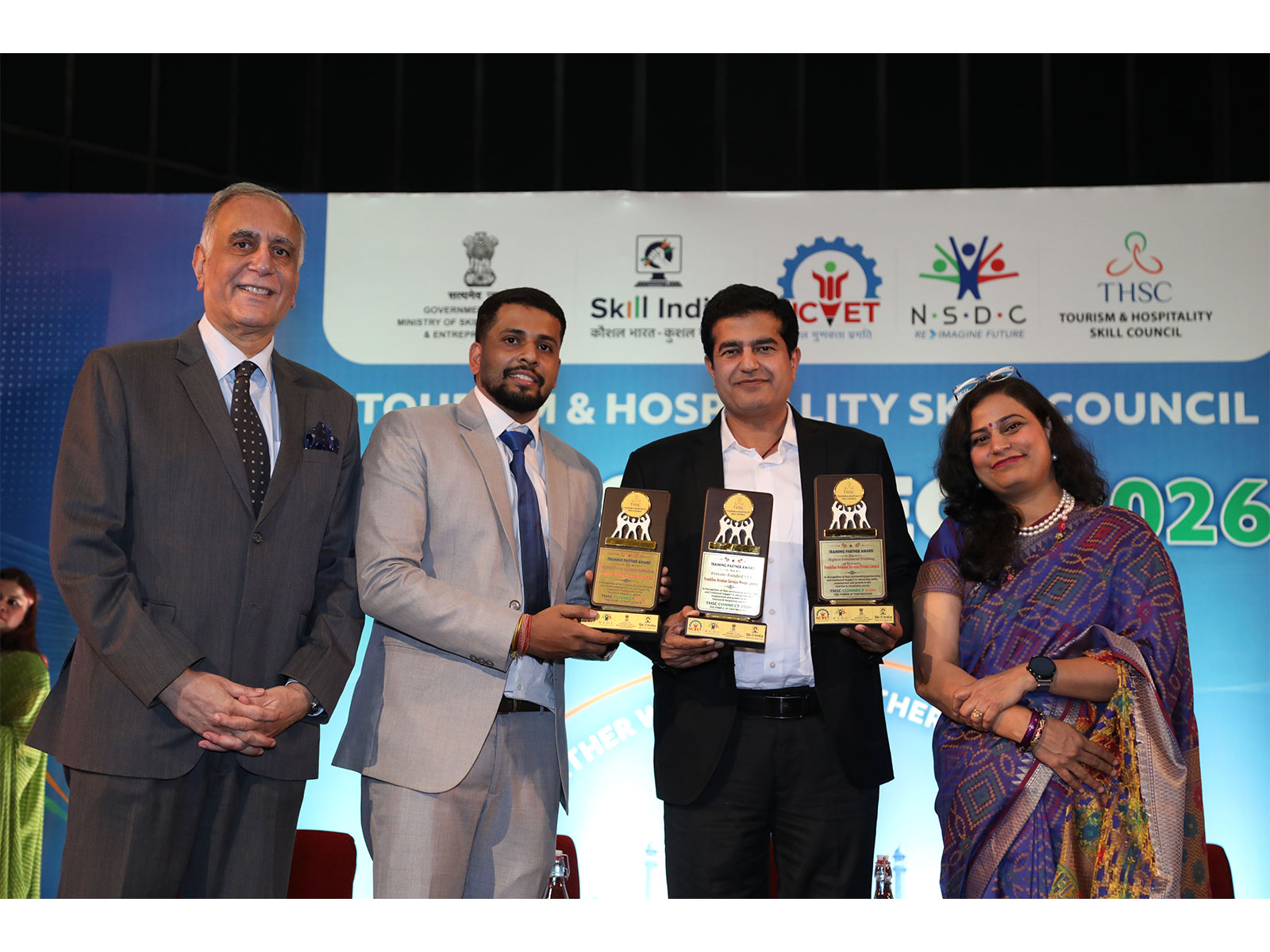 The Tourism & Hospitality Skill Council Awards were received by Mr. Sudhir Malhotra, Chief Operating Officer, Frankfinn Group, from Mr. Rajan Bahadur, CEO, THSC