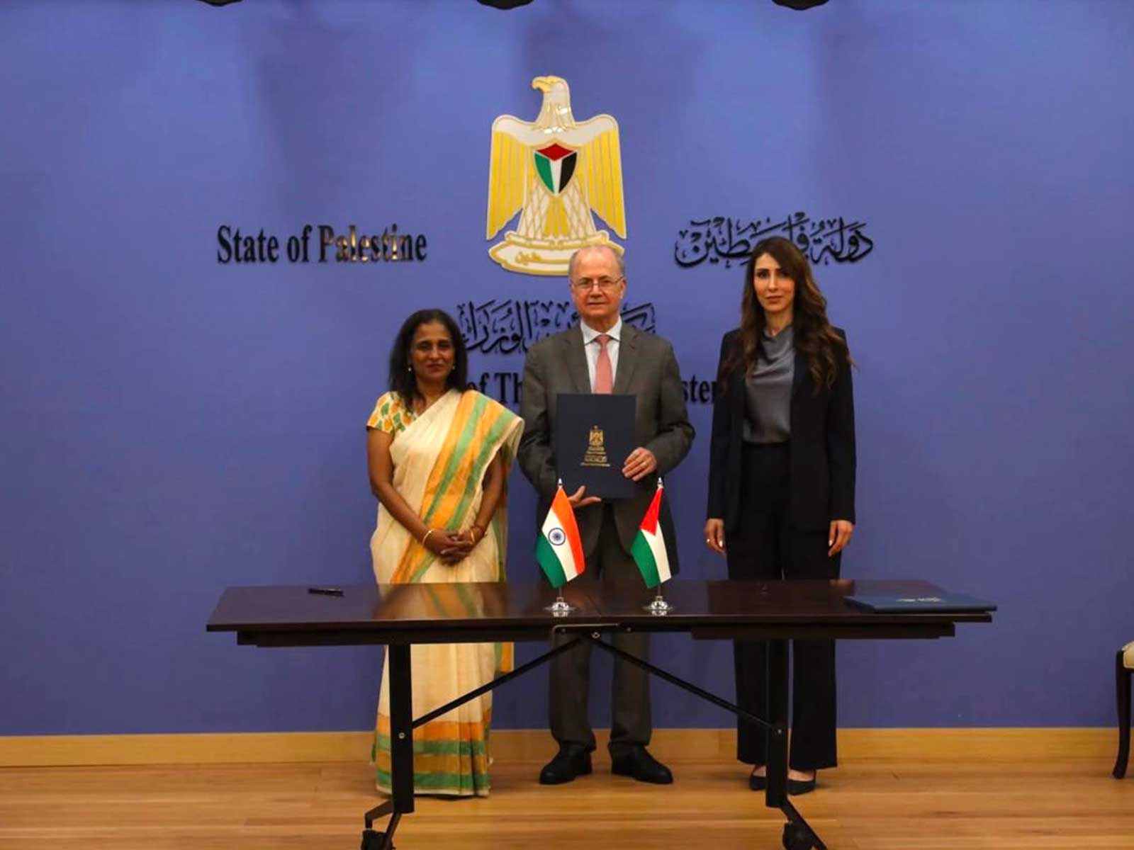 MEA Secretary (CPV & OIA) Sripriya Ranganathan with Palestinian Prime Minister Mohammad Mustafa and Labour Minister Enas Dahadha Attari (Photo/X/@SecretaryCPVOIA)