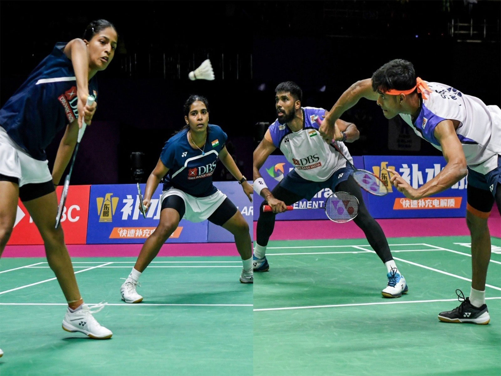 Treesa Jolly, Gayatri Gopichand (L) and Satwiksairaj Rankireddy, Chirag Shetty (R) in action (Photo: ANI)