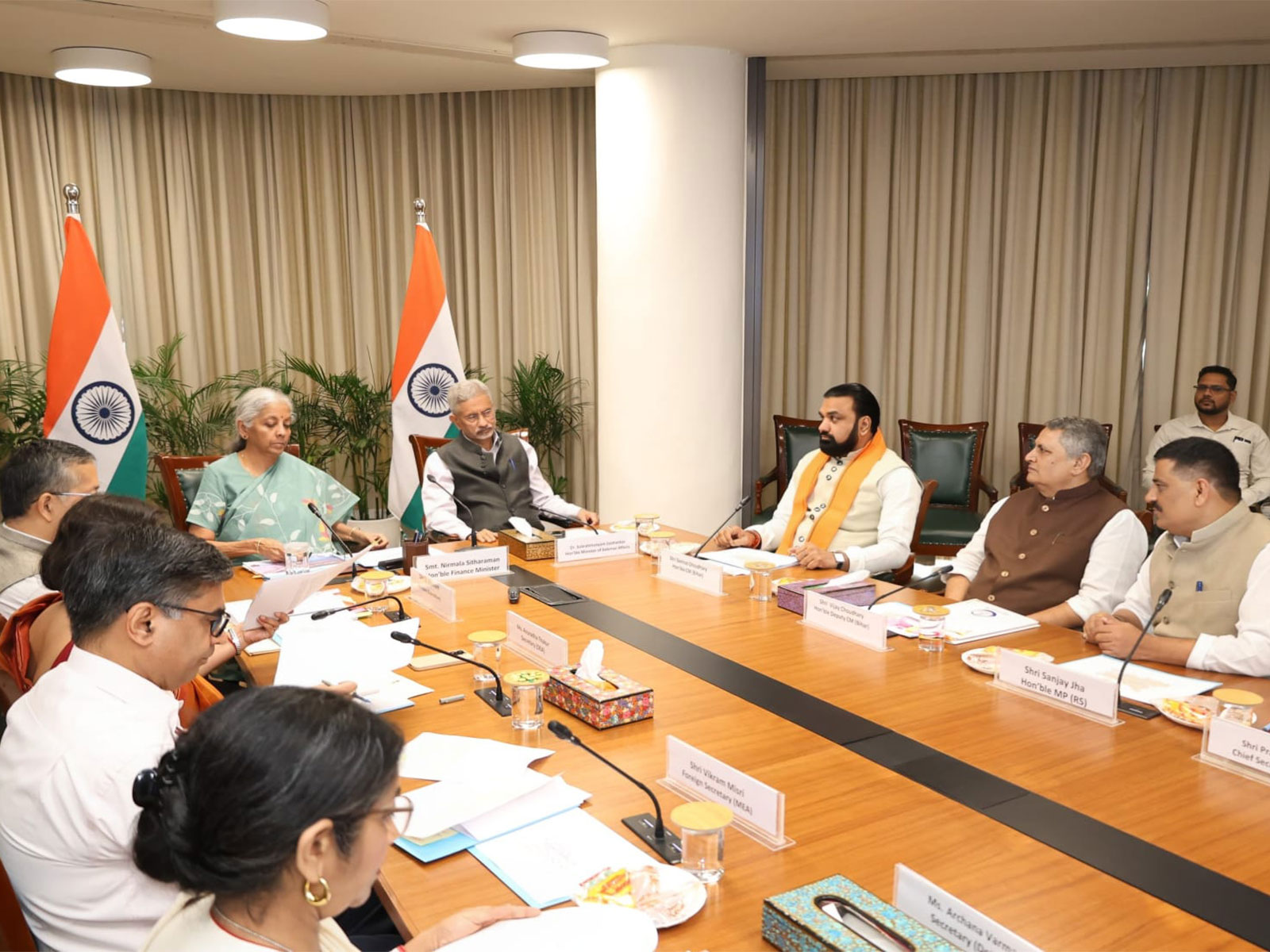 Union Finance Minister Nirmala Sitharaman with Chief Minister Samrat Chaudhary, accompanied by Deputy Chief Minister Vijay Kumar Chaudhary and Rajya Sabha MP Sanjay Kumar Jha (Photo/BiharCMO)
