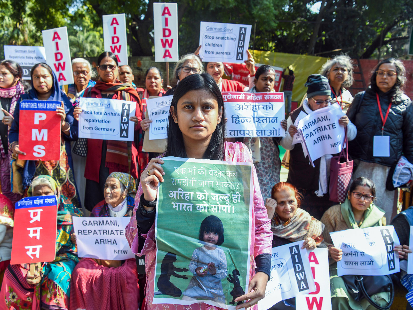 Dhara Shah, mother of Ariha Shah, during a demonstration at Jantar Mantar in February 2024 (File Photo/ANI)