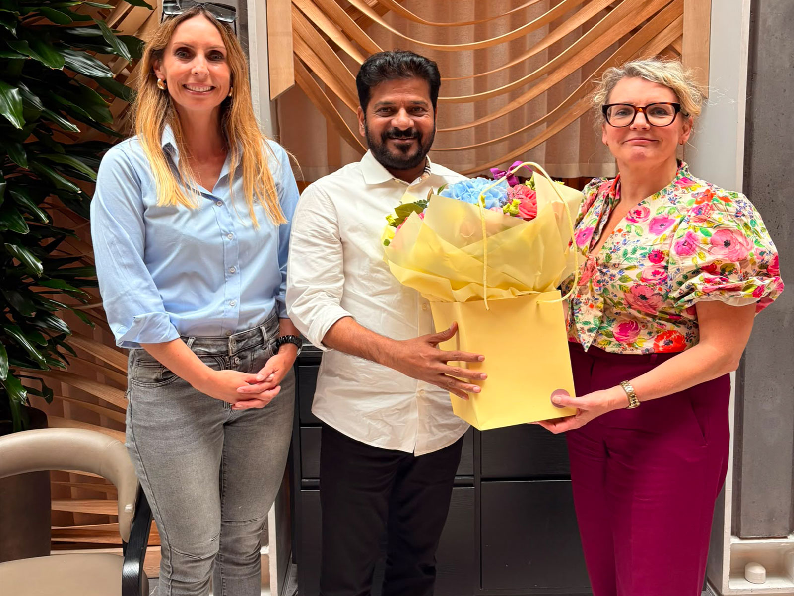 Susan Finnegan and Nuala Gallagher from Liverpool City Development with Telangana CM Revanth Reddy. (Photo: Telangana PRO)