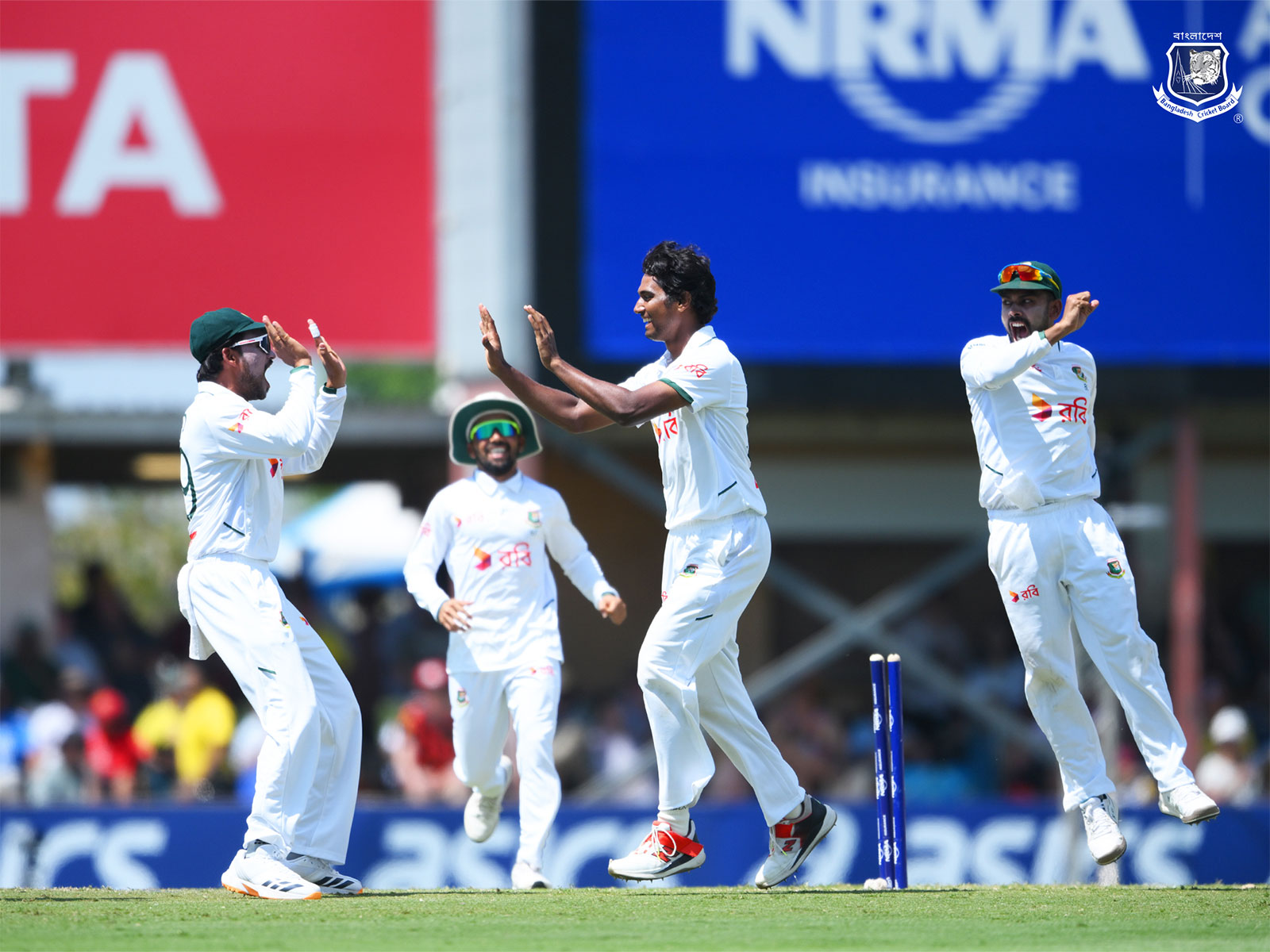 Bangladesh players celebrating a wicket. (Photo: @BCBTigers X)