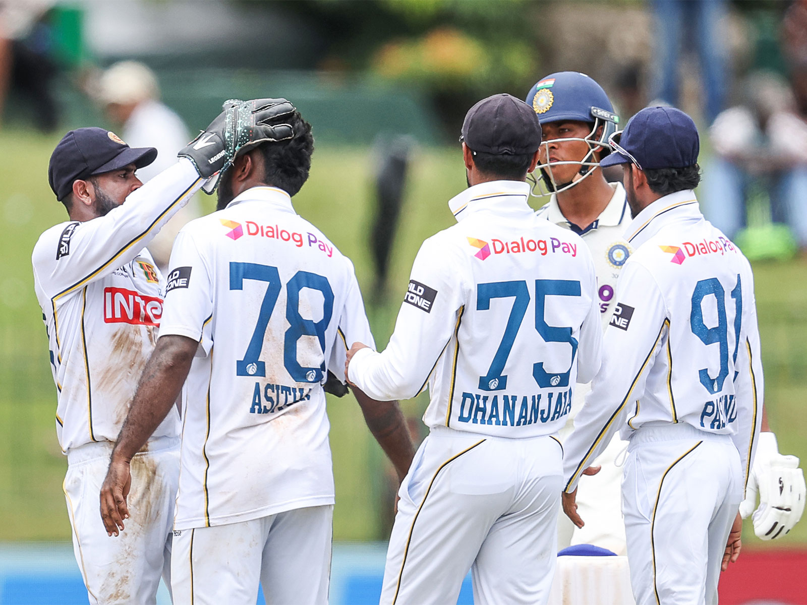 Sri Lanka's Asitha Fernando and teammates celebrating the wicket of India's Yashasvi Jaiswal (Photo: ANI)