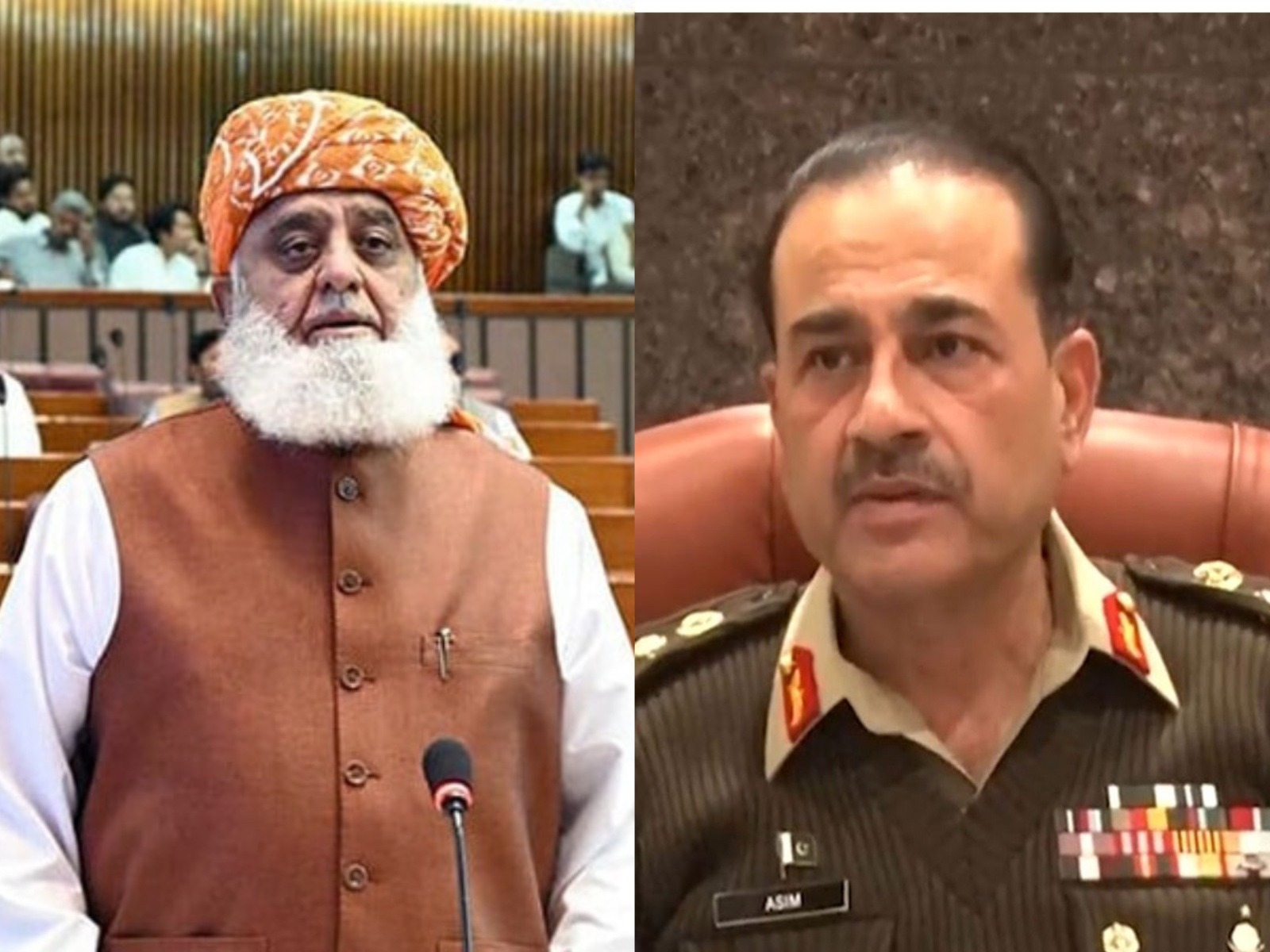 JUI-F chief Maulana Fazlur Rehman (L) (Image Source: Facebook/@Pakistan National Assembly) and Pakistan Army Chief Asim Munir (R). (File Photo/ISPR)