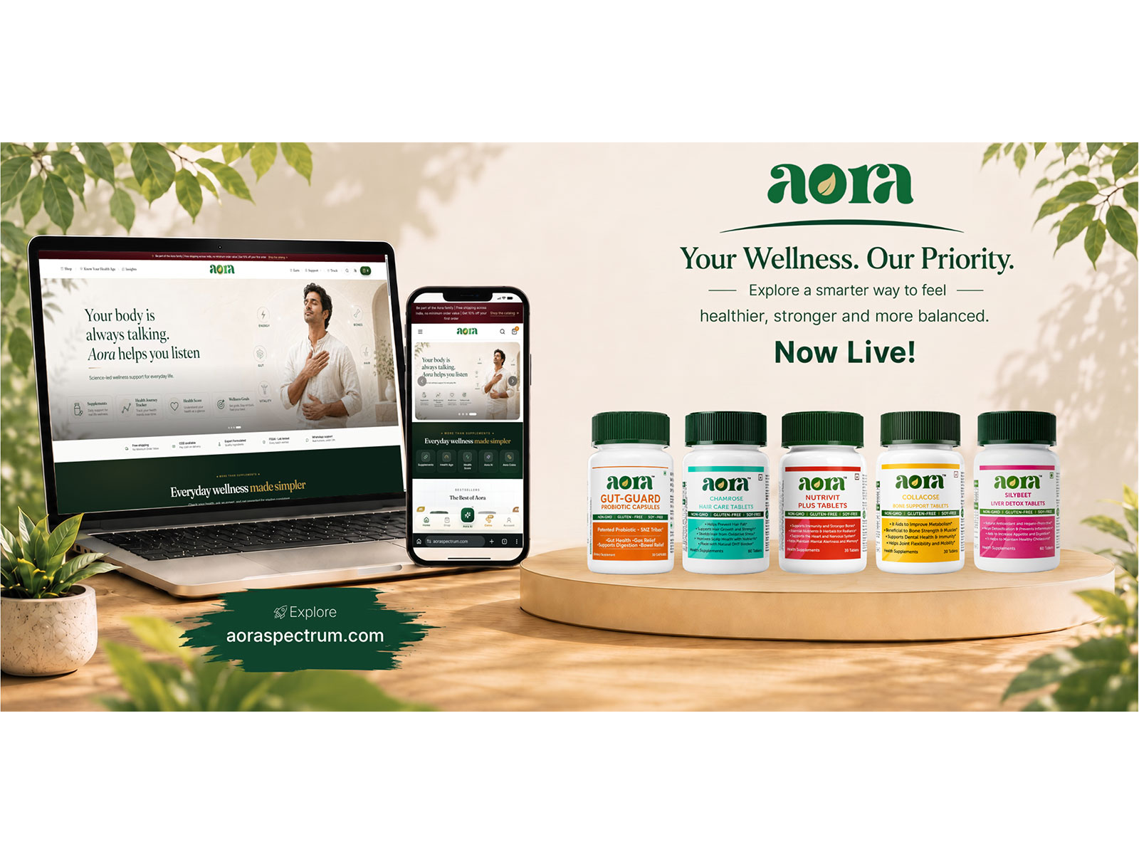 Aora's supplements and digital wellness platform, now in one place at aoraspectrum.com.