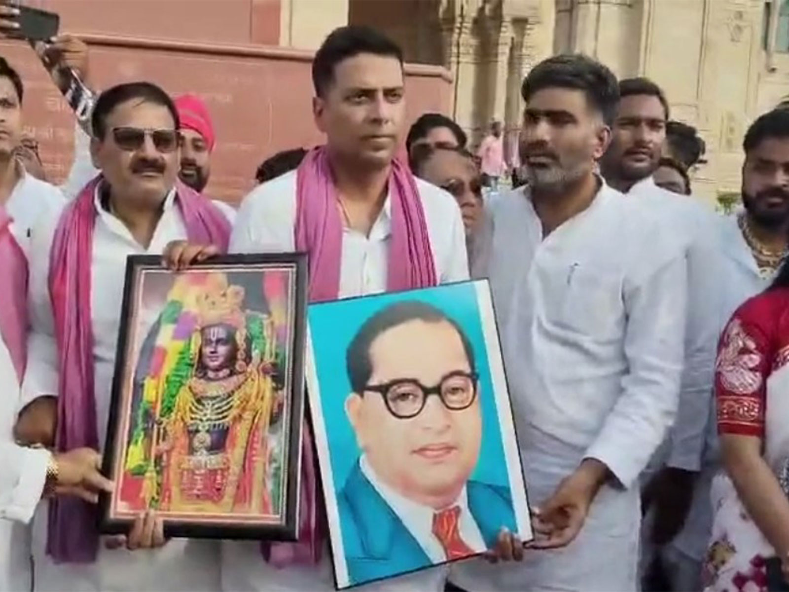 Samajwadi Party MLA Sachin Yadav protesting outside Assembly after his suspension (Photo/ANI)