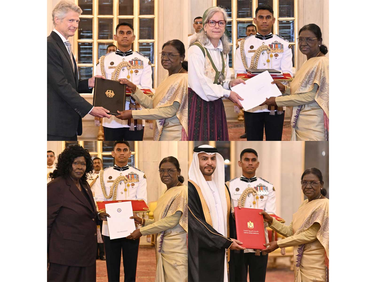 President Droupadi Murmu receives credentials from the newly appointed ambassadors of Germany, Sweden, South Sudan and the United Arab Emirates (Photo/X/@rashtrapatibhvn)