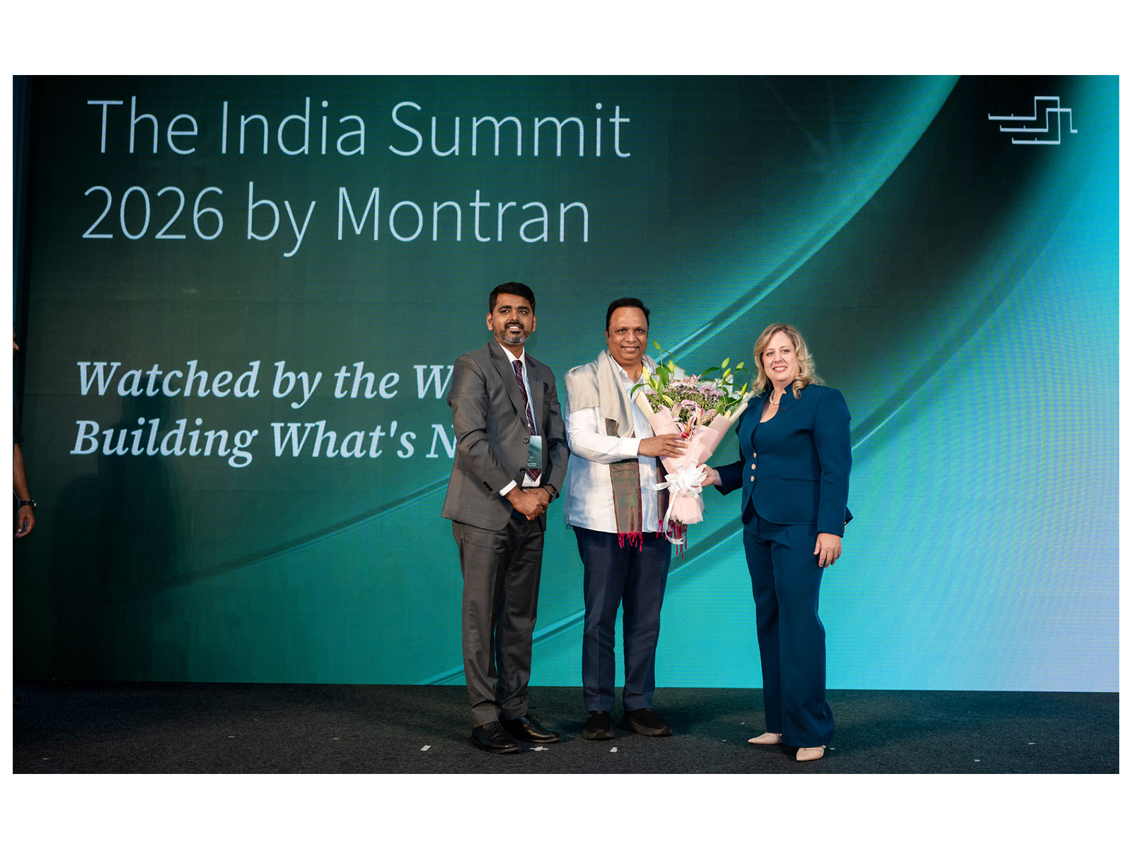 (L-R): Sujeet Tyagi, COO, Montran India; Shri Adv. Ashish Shelar, Hon' Minister, Government of Maharashtra for IT, Electronics, AI, and Cultural Affairs; Julie Esca, CEO, Montran India