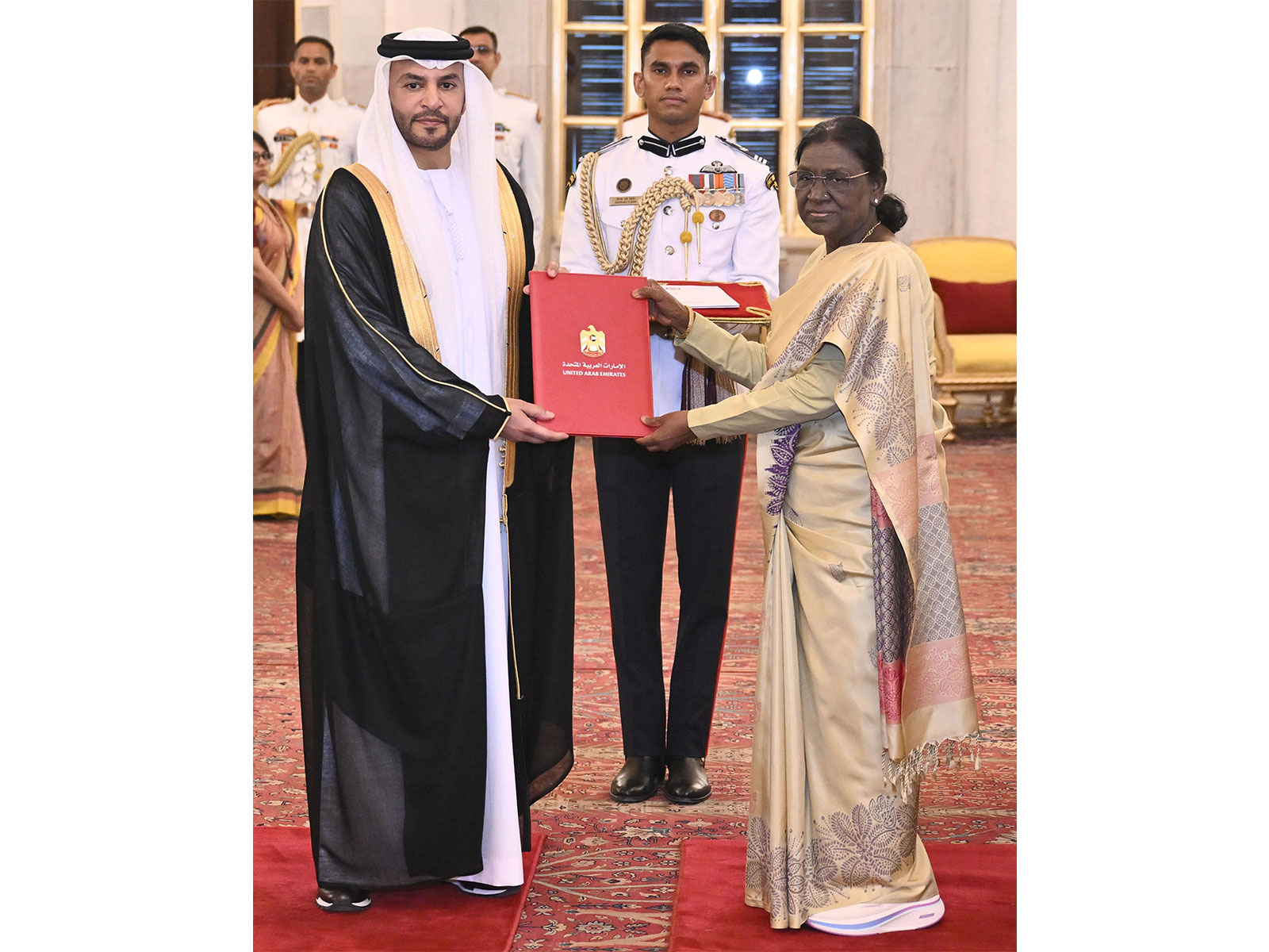 Ambassador of UAE to India Abdulla Saif Alnuaimi presents his credentials to President Droupadi Murmu (Photo/X/@UAEembassyIndia)