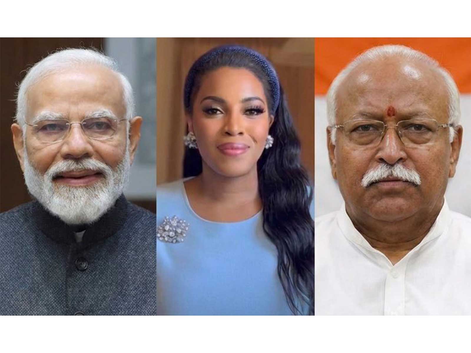 US singer Mary Millben (C) slammed critics opposing RSS chief Mohan Bhagwat's (R) Madison Square Garden rally, asserting that the pushback is driven by underlying opposition to PM Narendra Modi (L). (Photo: X/@MaryMillben)