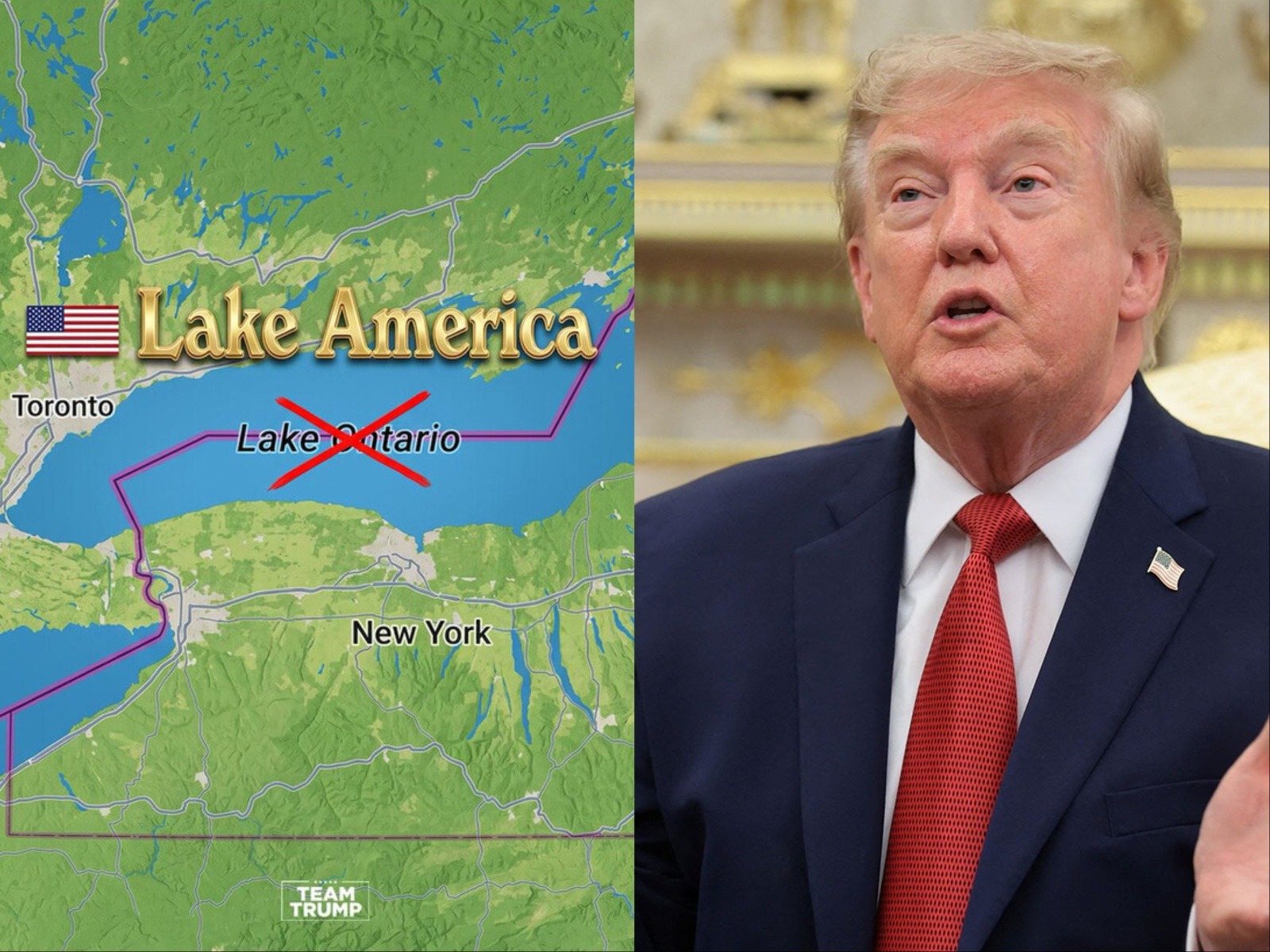 US President Donald Trump (R) alongside a map posted on Truth Social proposing to rename Lake Ontario as "Lake America" amid trade tensions with Canada. (Photo: Donald Trump/Truth Social)