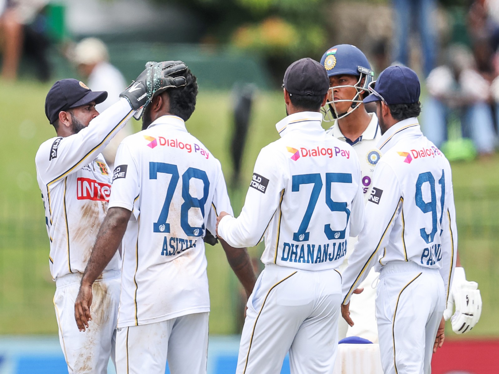 Sri Lanka's Asitha Fernando and teammates celebrate the wicket of Yashasvi Jaiswal. (Photo: ANI)