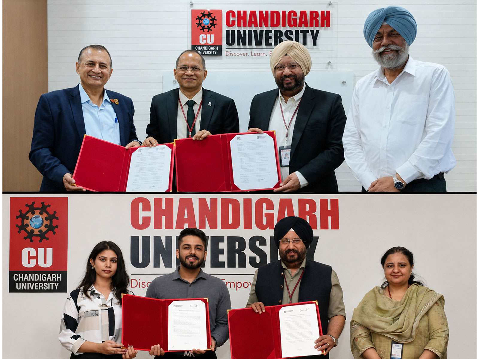 Chandigarh University Senior Management during signing of MoUs with Foundation Futuristic Technologies Pvt Ltd & Level UP PR at campus.