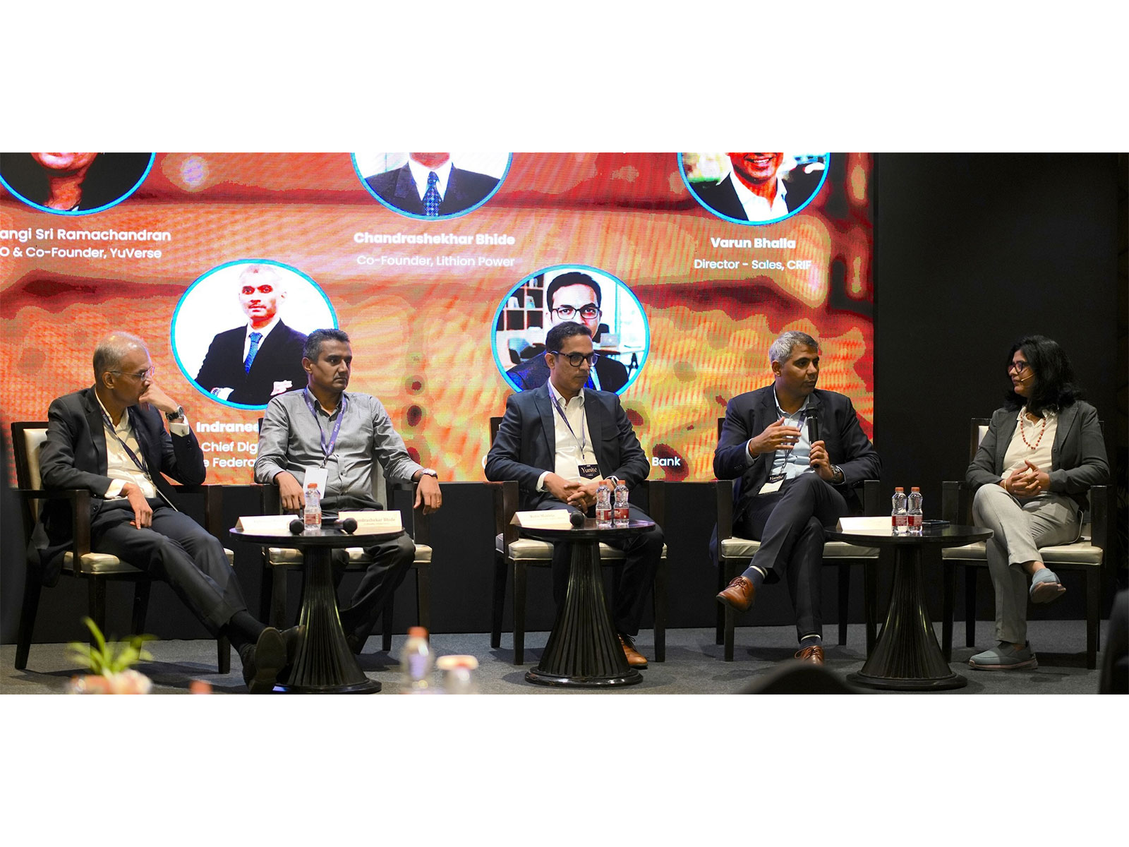 From L-R: Indraneel Pandit, Federal Bank, Chandrashekhar Bhide, Lithion Power, Rohit Makhija, DBS Bank, Varun Bhalla, CRIF and Mathangi Sri Ramachandran, YuVerse