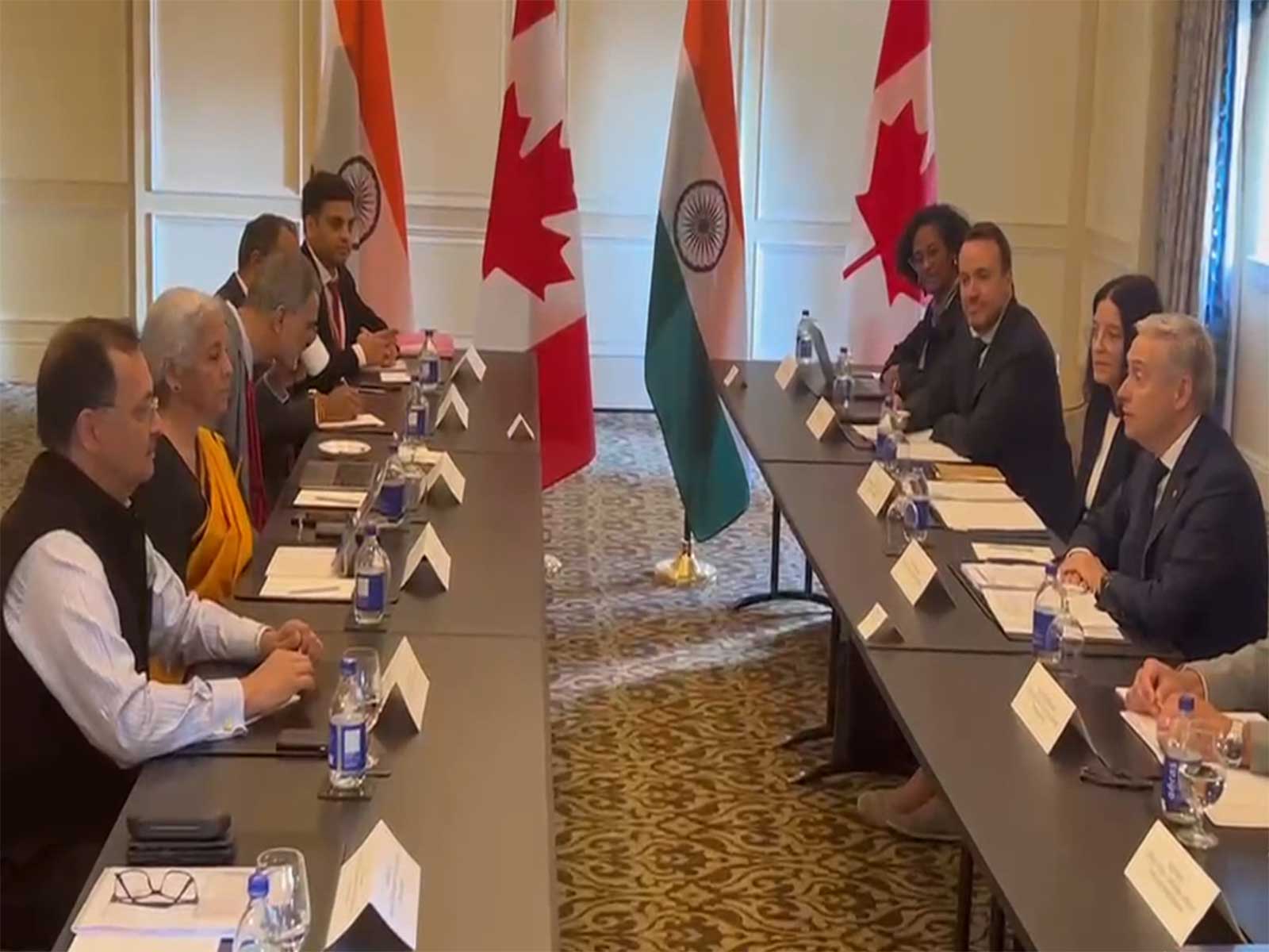 Union Finance Minister Nirmala Sitharaman and her Canadian counterpart Francois-Philippe Champagne during bilateral talks (Photo/ANI)