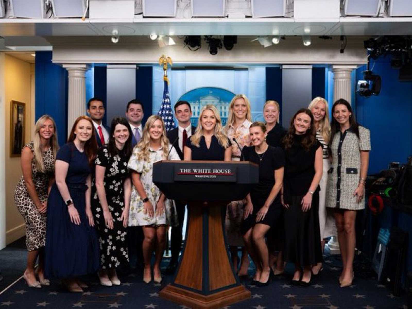 Karoline Leavitt takes the podium in the briefing room with family and colleagues ahead of her final day as White House press secretary on Friday (Photo/The White House)
