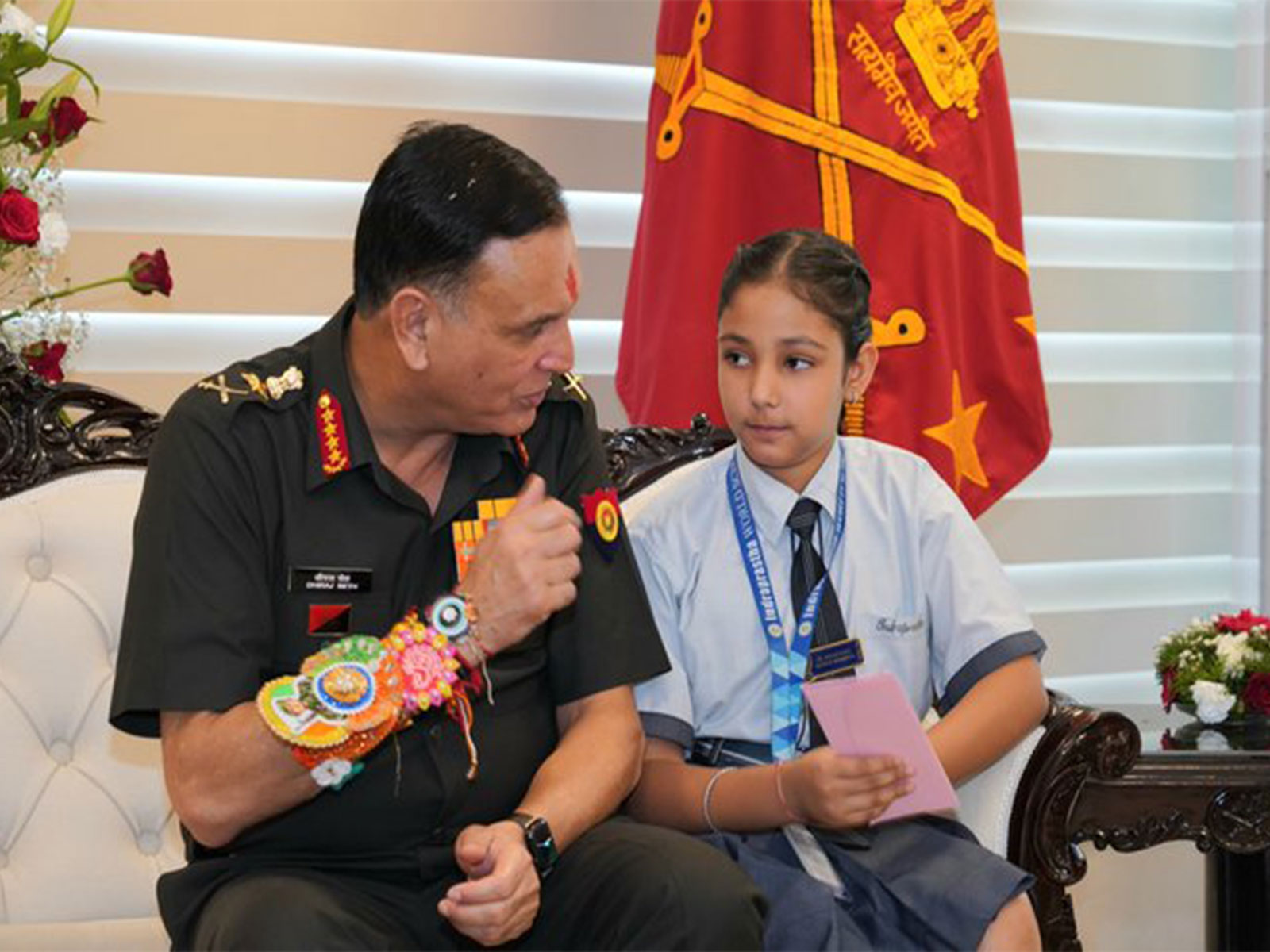 School children tied Rakhis to General Dhiraj Seth (Photo/@adgpi)