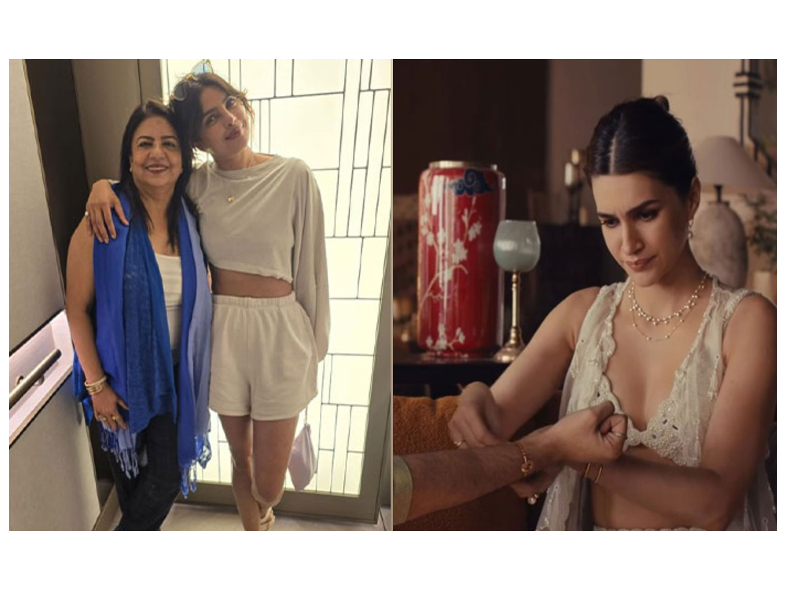 Priyanka Chopra with mother Madhu (L) Kriti Sanon in recent ad (R) (Photos/instagram/@priyankachopra/@giva.co)