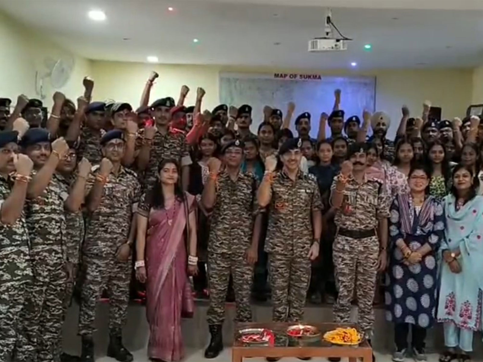 Students and teachers tie rakhis to CRPF jawans in Chhattisgarh's Sukma (Photo/ANI)