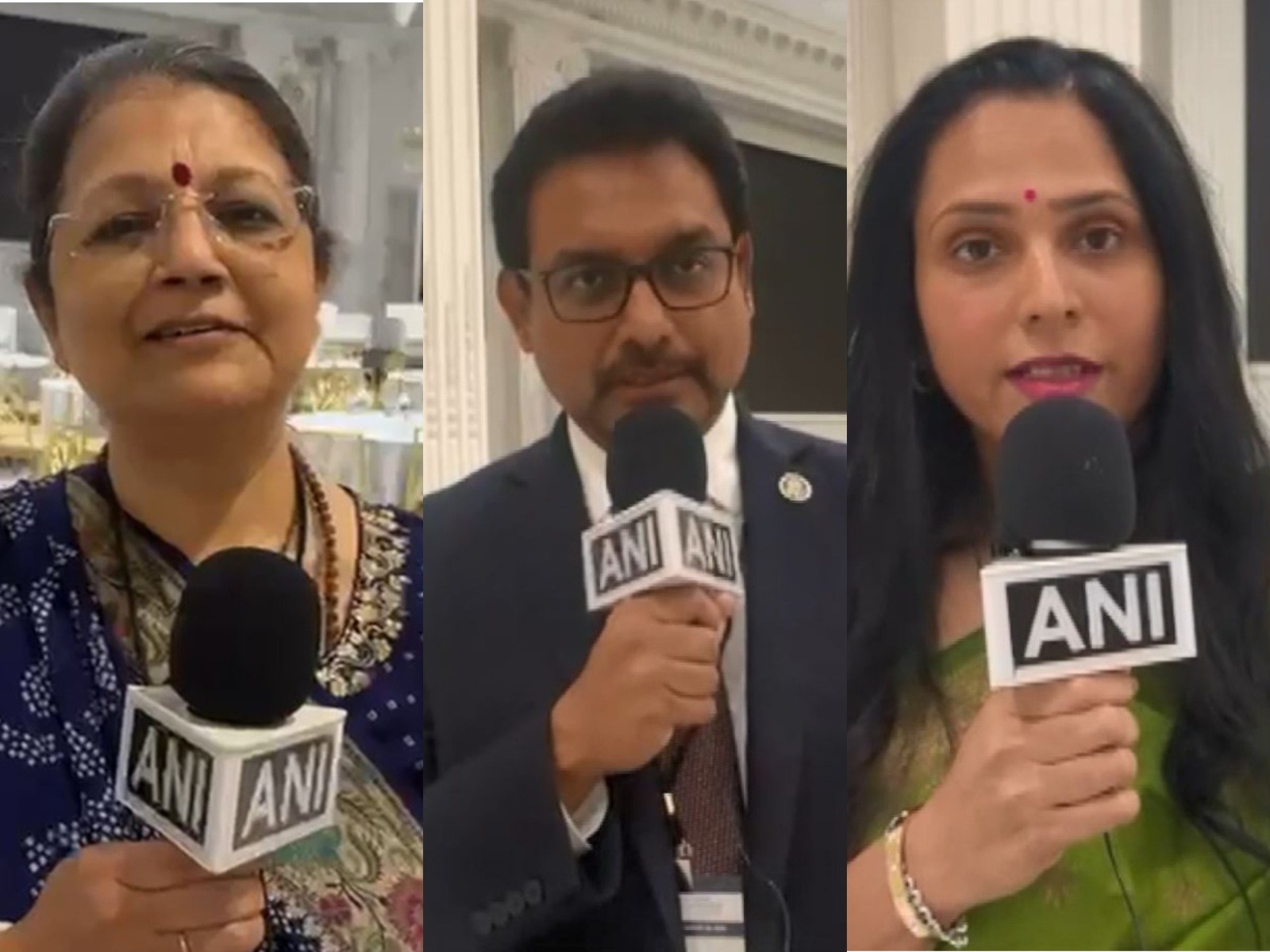 Tejal Shah, President of the World Hindu Council of America (Vishwa Hindu Parishad of America) (left); Tamil diaspora member Kathirvel Kumararaja (centre); and Priya S, Spokesperson for the Universal Oneness Celebrations (right) (Photo/ANI)