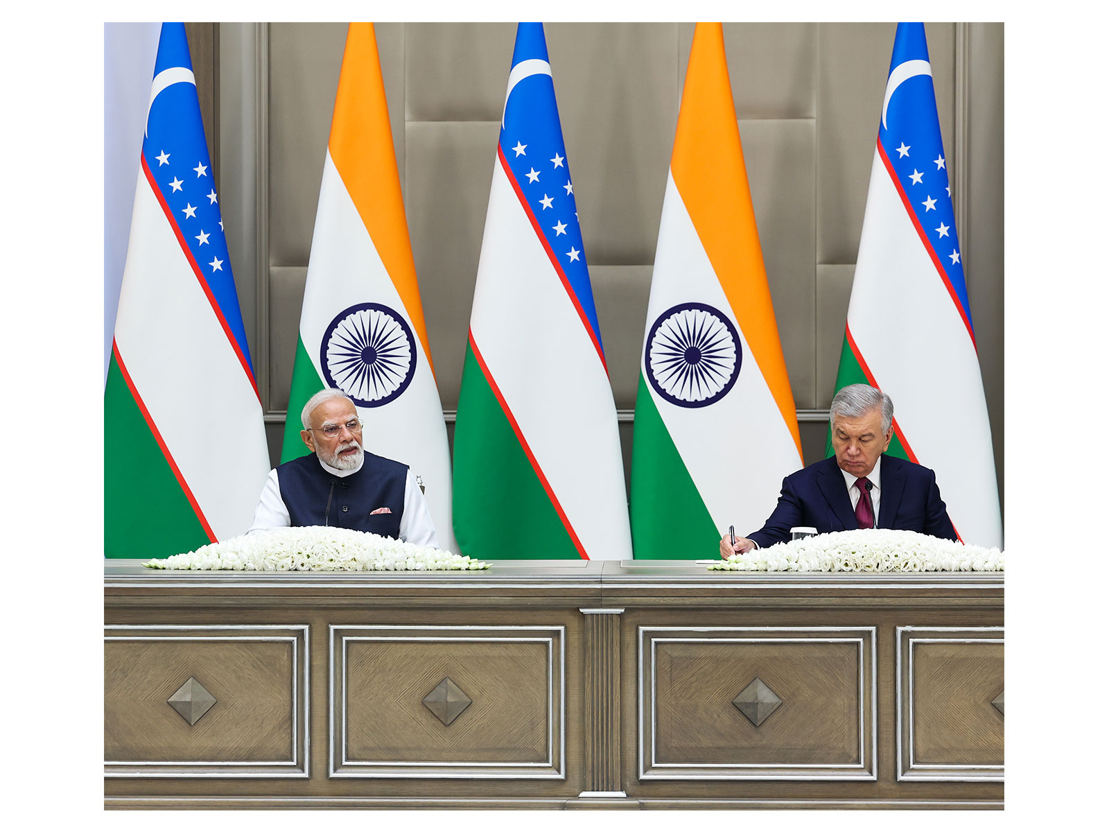 Prime Minister Narendra Modi speaks during the joint press meet with Uzbekistan President Shavkat Mirziyoyev (Photo/ANI)