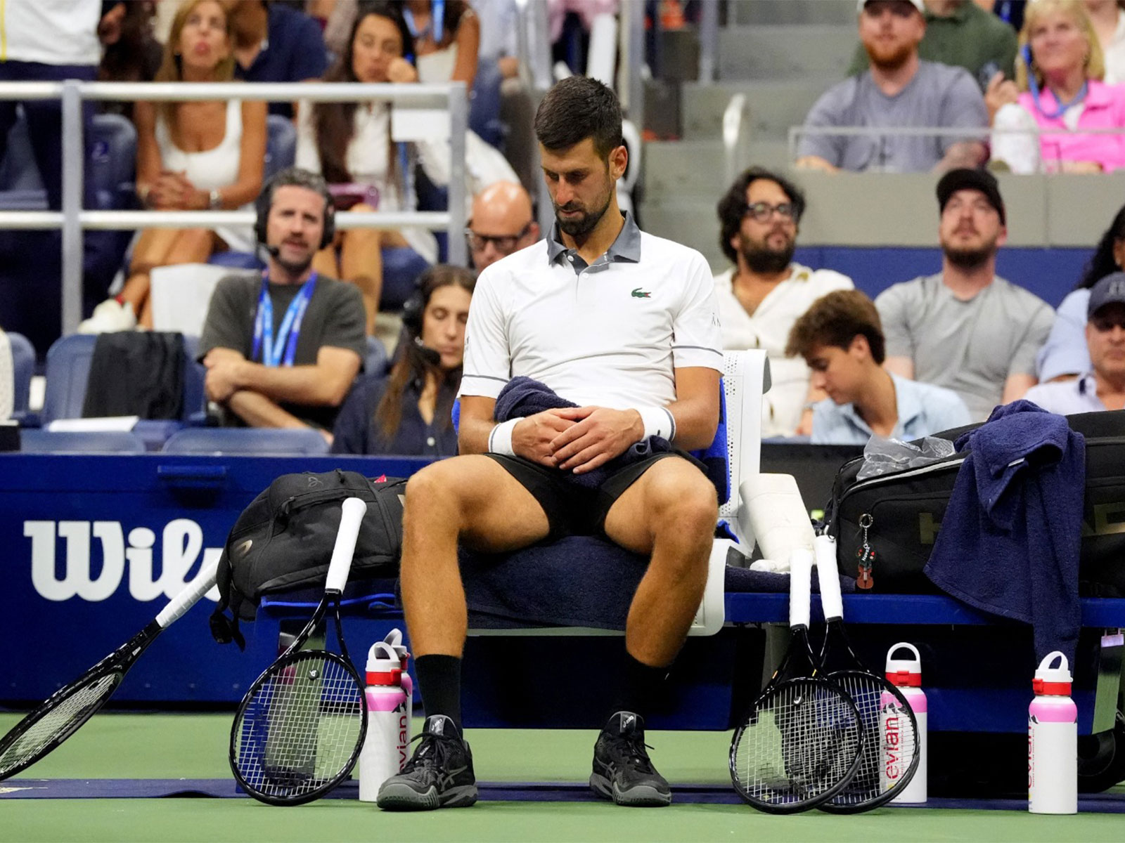 Serbia's Novak Djokovic during a break in play in his first round match against Argentina's Mariano Navone. (Photo: IMAGN IMAGES via Reuters)