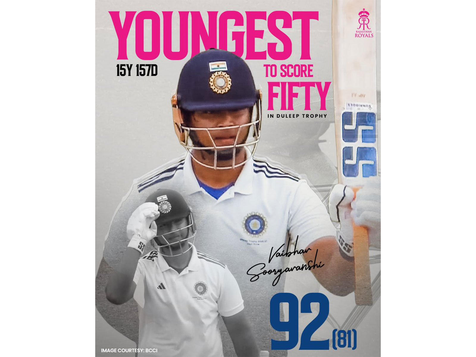 Vaibhav Sooryavanshi becomes youngest to hit fifty in Duleep Trophy (Photo: X/@rajasthanroyals)