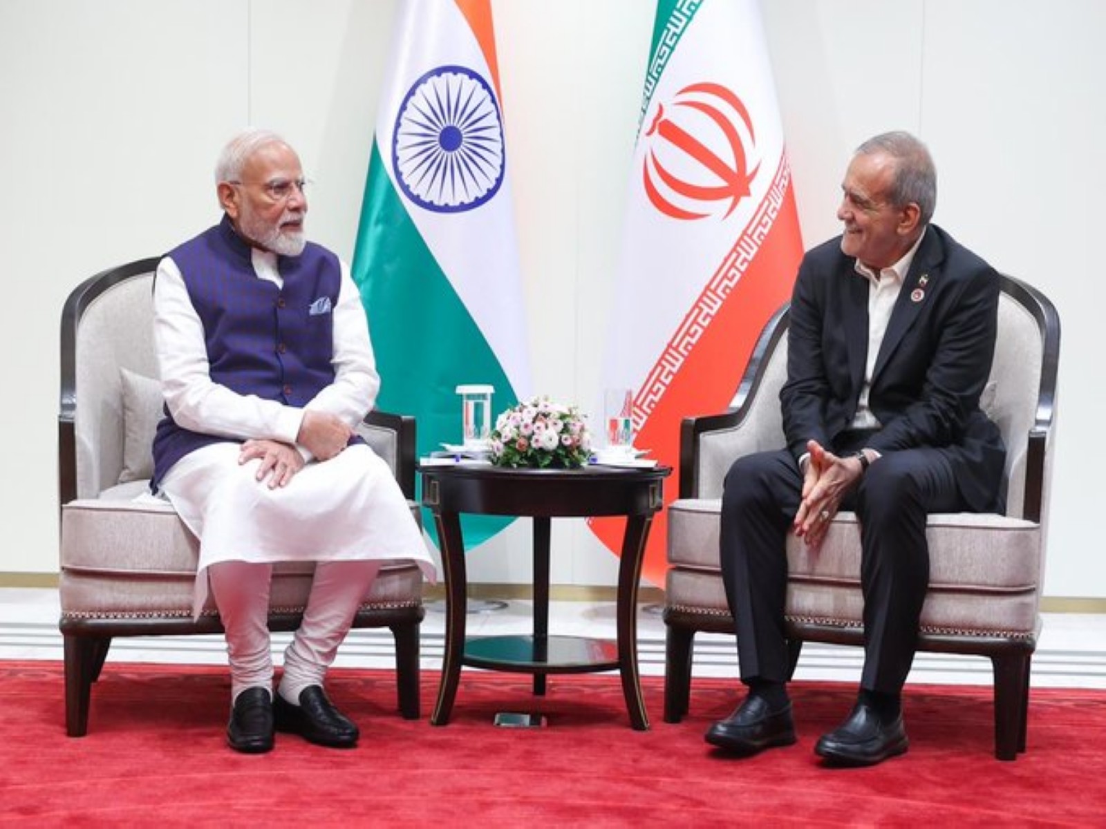 Prime Minister Narendra Modi during his meeting with Iranian President Masoud Pezeshkian on the sidelines of the Shanghai Cooperation Organisation Summit in Bishkek. (Photo: X/@MEAIndia)