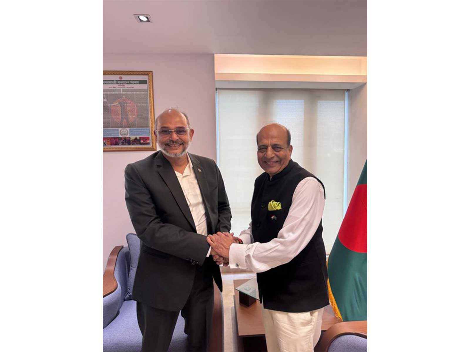 India's High Commissioner to Bangladesh Dinesh Trivedi with Adviser to Bangladesh's Prime Minister for the Ministry of Finance and Planning Rashed Al Mahmud Titumir in Dhaka. (Photo: X/@ihcdhaka)