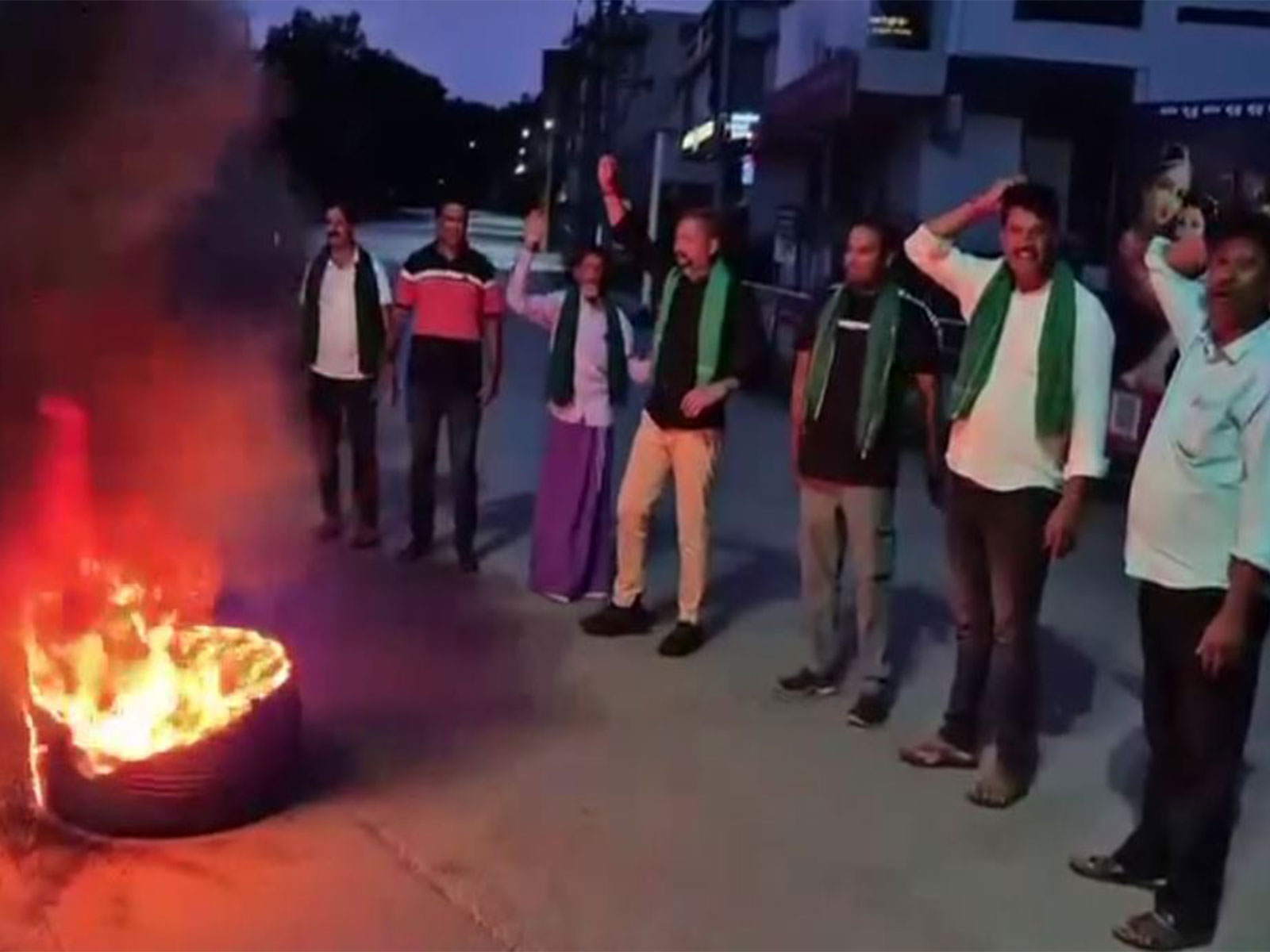 Tyres set ablaze during BJP Raitha Morcha protest in Davanagere, Karnataka (Photo/ANI)