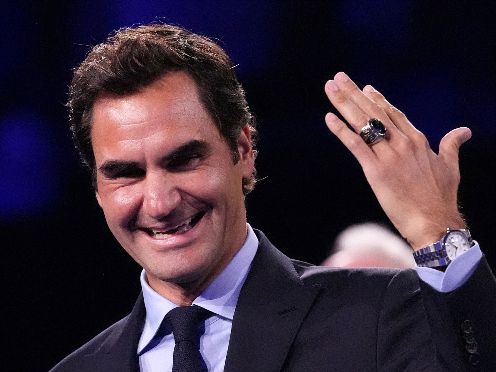 Roger Federer shows off his Tennis Hall of Fame ring. (Photo: IMAGN IMAGES via Reuters)