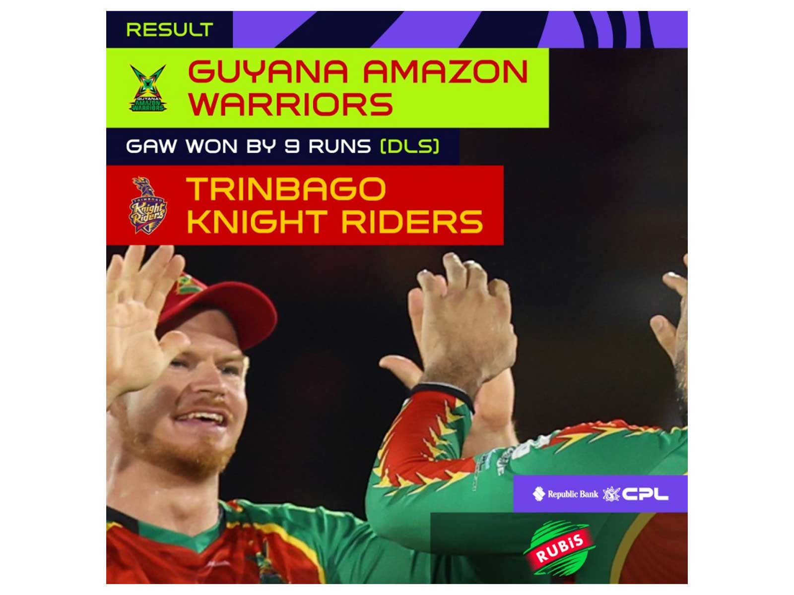 Guyana Amazon Warriors secured a nine-run win over Trinbago Knight Riders in ongoing CPL (Photo: X/@CPL)