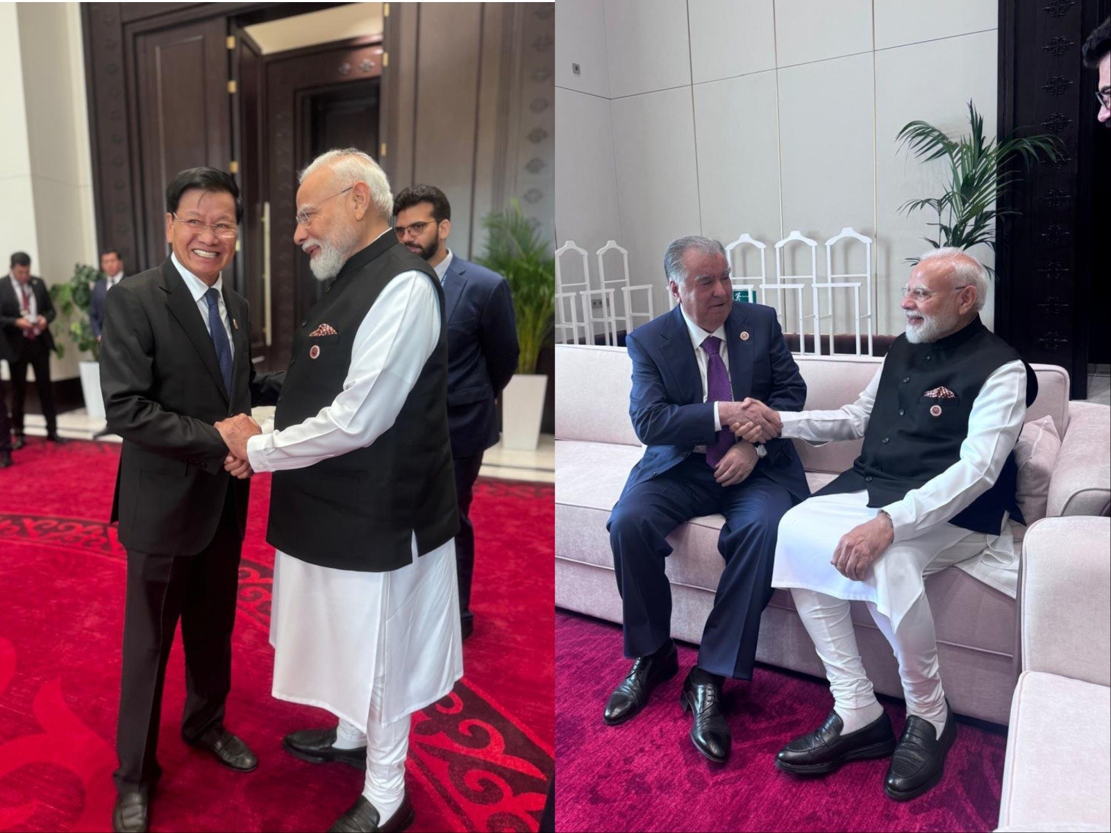 Prime Minister Narendra Modi meets Lao People's Democratic Republic (PDR) President Thongloun Sisoulith and Tajikistan President Emomali Rahmon on the sidelines of the SCO Summit in Bishkek, Kyrgyzstan (Photo: x/@narendramodi)