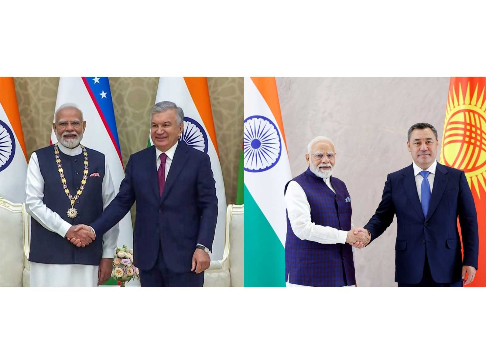 Prime Minister Narendra Modi with Uzbekistan President Shavkat Mirziyoyev and Kyrgyzstan's President Sadyr Japarov (Photos/ANI)
