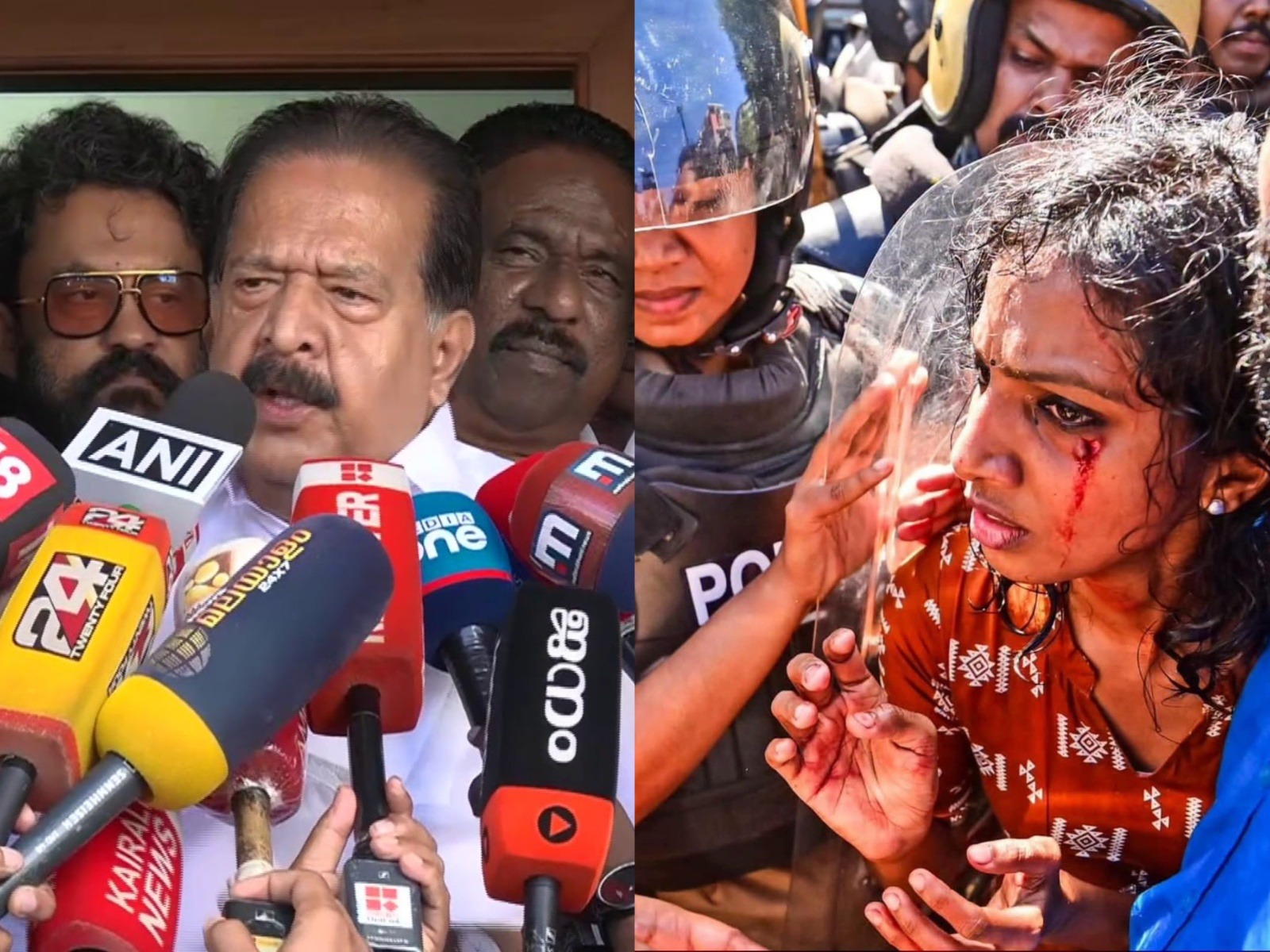 Keralam Home Minister Ramesh Chennithala and SFI Protester (Photo/ANI, Instagram/@sficec)