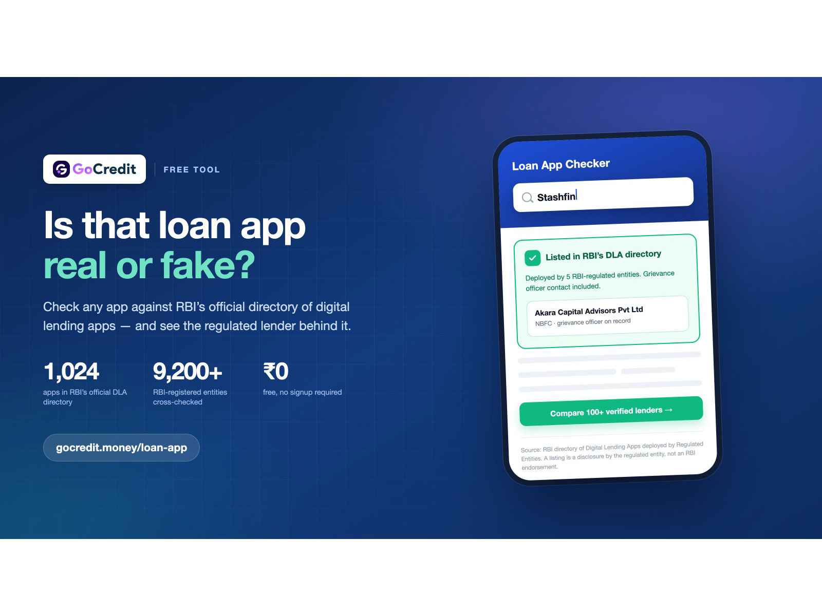 GoCredit's free Loan App Checker names the RBI-regulated lender behind any lending app, from RBI's official directory of 1,024 digital lending apps