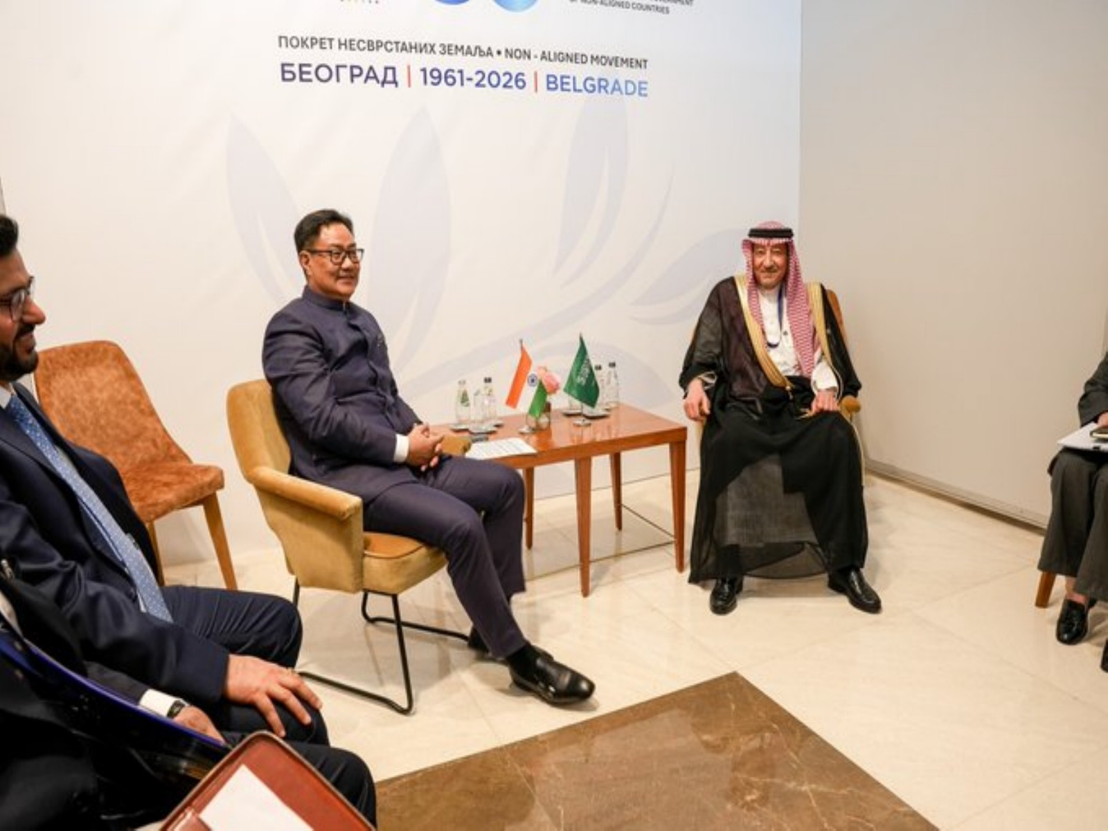 Union Parliamentary Affairs Minister Kiren Rijiju meeting with Saudi Arabia's Deputy Minister of Foreign Affairs, Waleed A. M. Elkhereiji, on the sidelines of the NAM Summit in Belgrade. (Photo: X/@KirenRijiju)