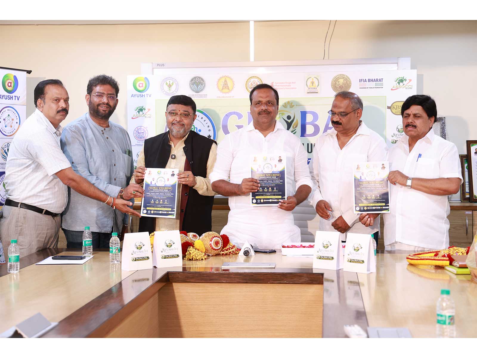 Health Minister U.T. Khader, A. Jayasimha, Ayush TV MD Hari Krishna and GWC VP Harish inaugurated GWC 2026, promoting holistic health and wellbeing
