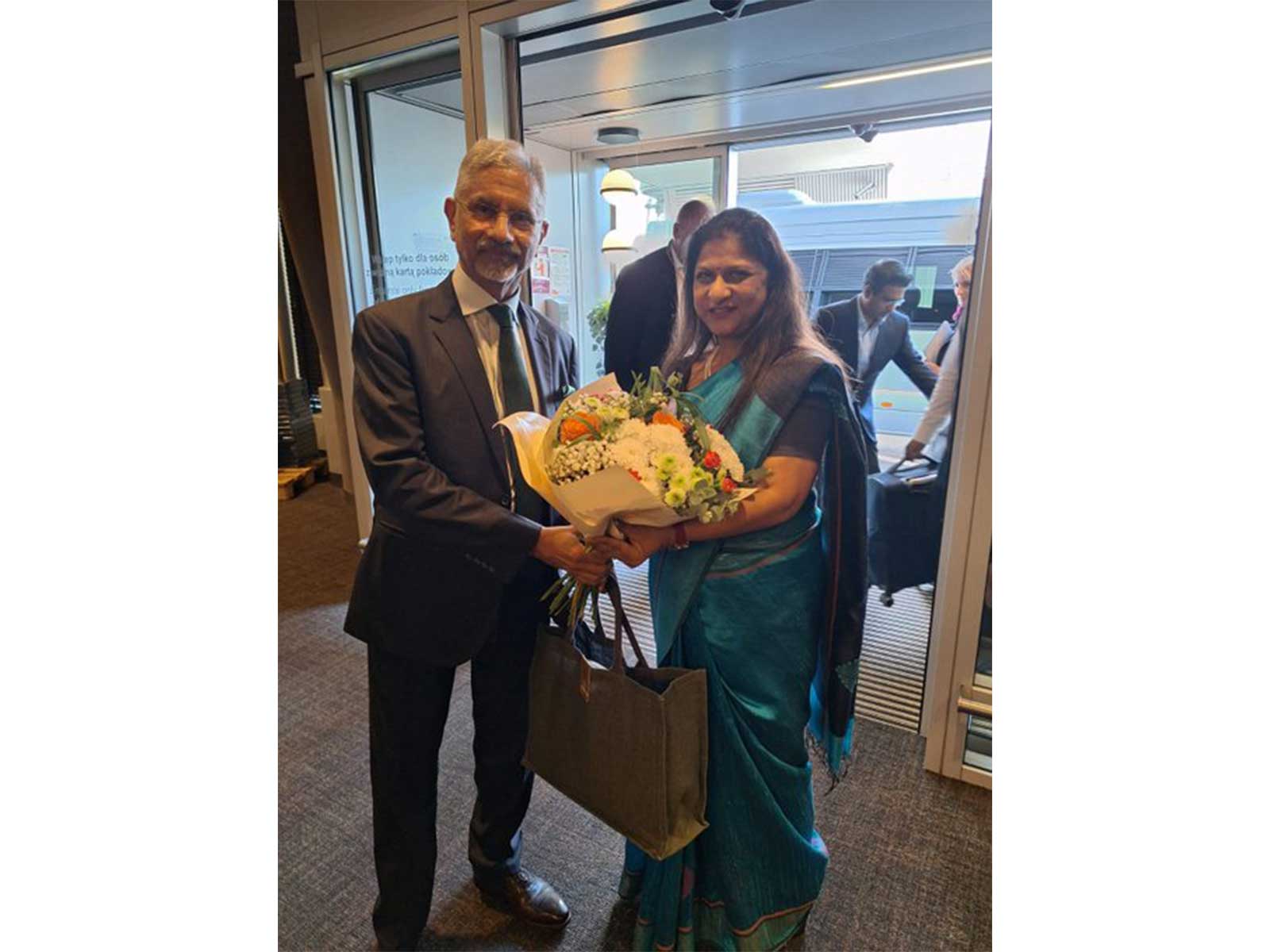 External Affairs Minister S Jaishankar being welcomed by India's Ambassador to Poland, Neeta Bhushan, upon his arrival in Warsaw on Wednesday. (Photo: X/@IndiainPoland)