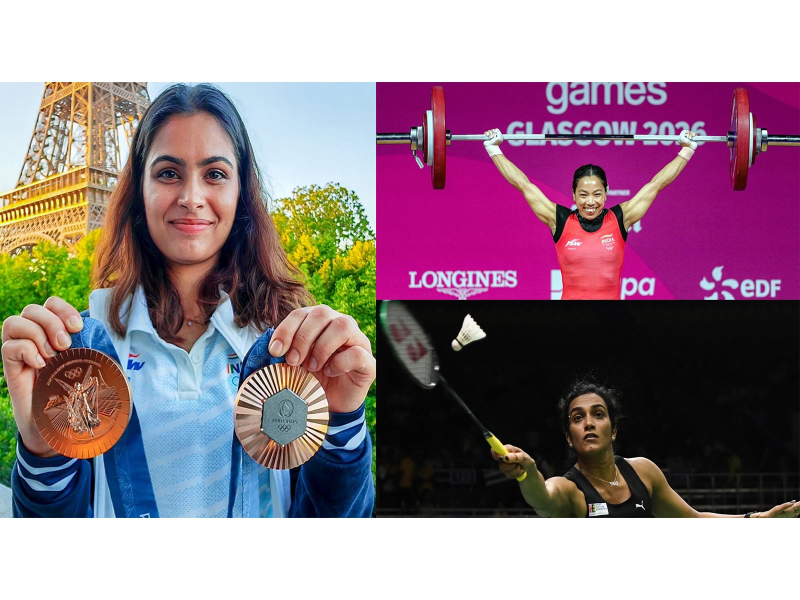 Manu Bhaker, Mirabai Chanu and PV Sindhu (Photo: ANI)